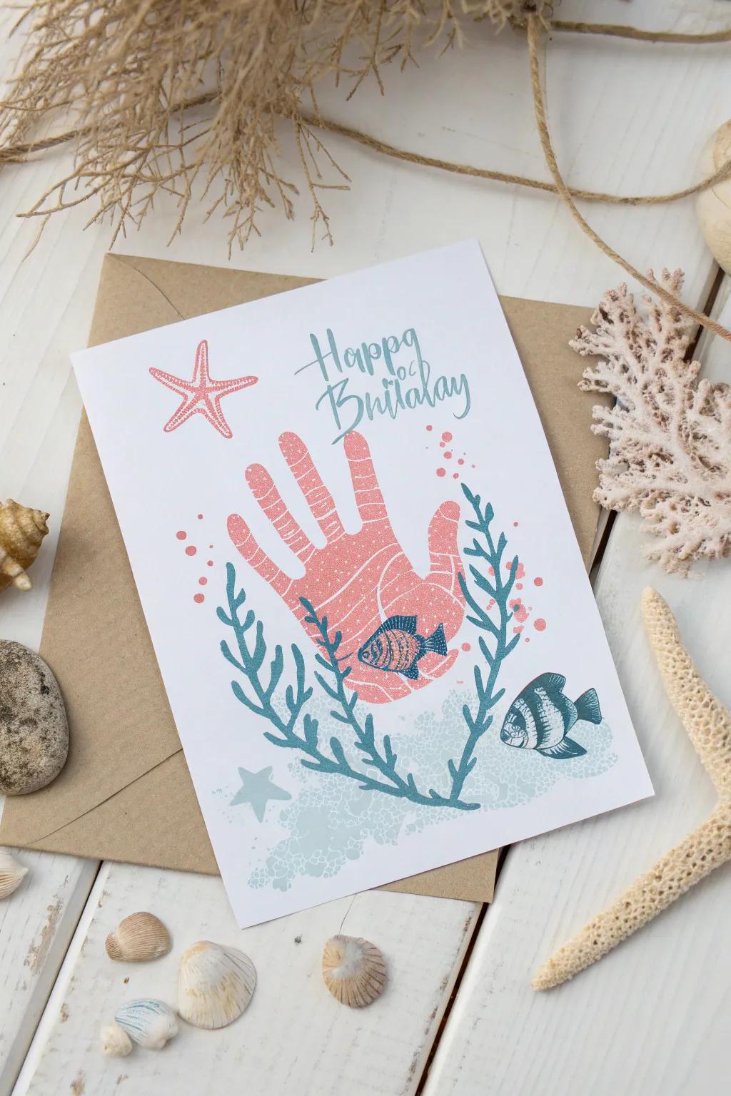 Dive into creativity with this stunning underwater-themed handprint birthday card!