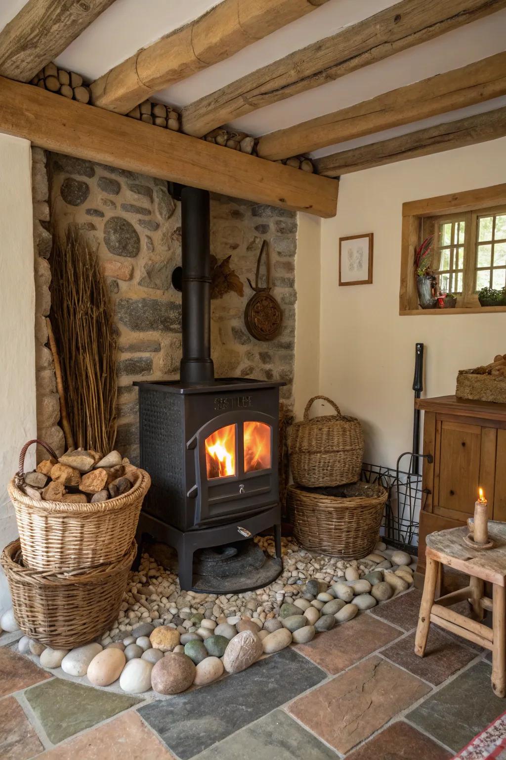 Natural wood accents add warmth and rustic charm to the hearth.