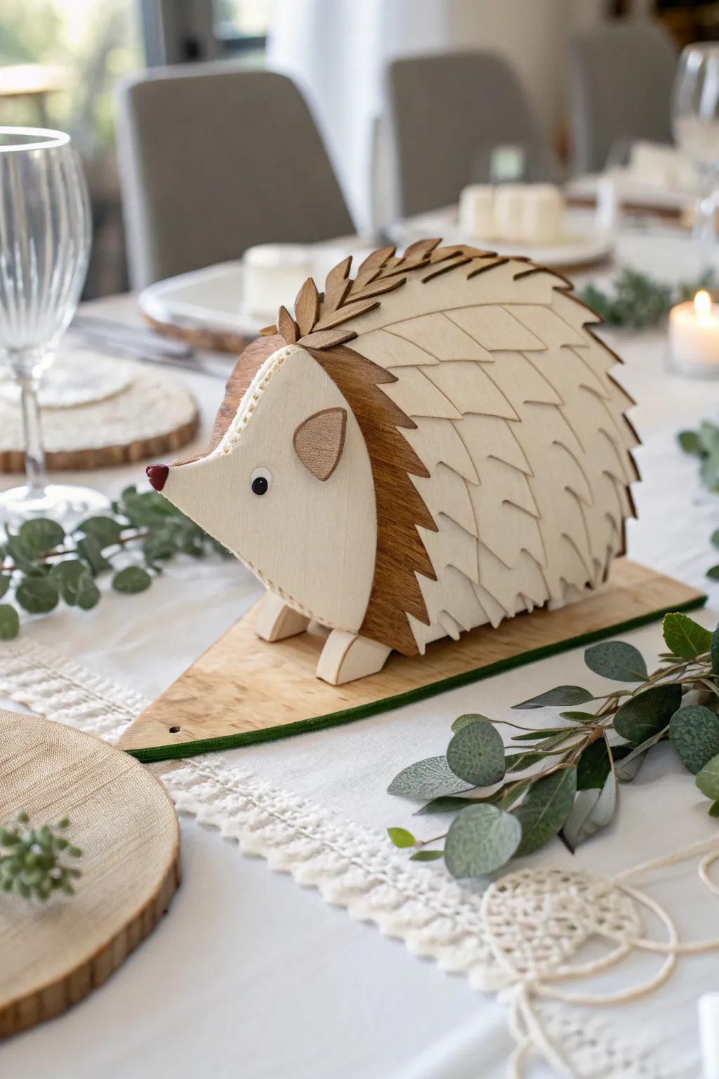 Bring a touch of whimsy to your celebration with this charming hedgehog centerpiece, perfect for a minimalist boho party atmosphere.