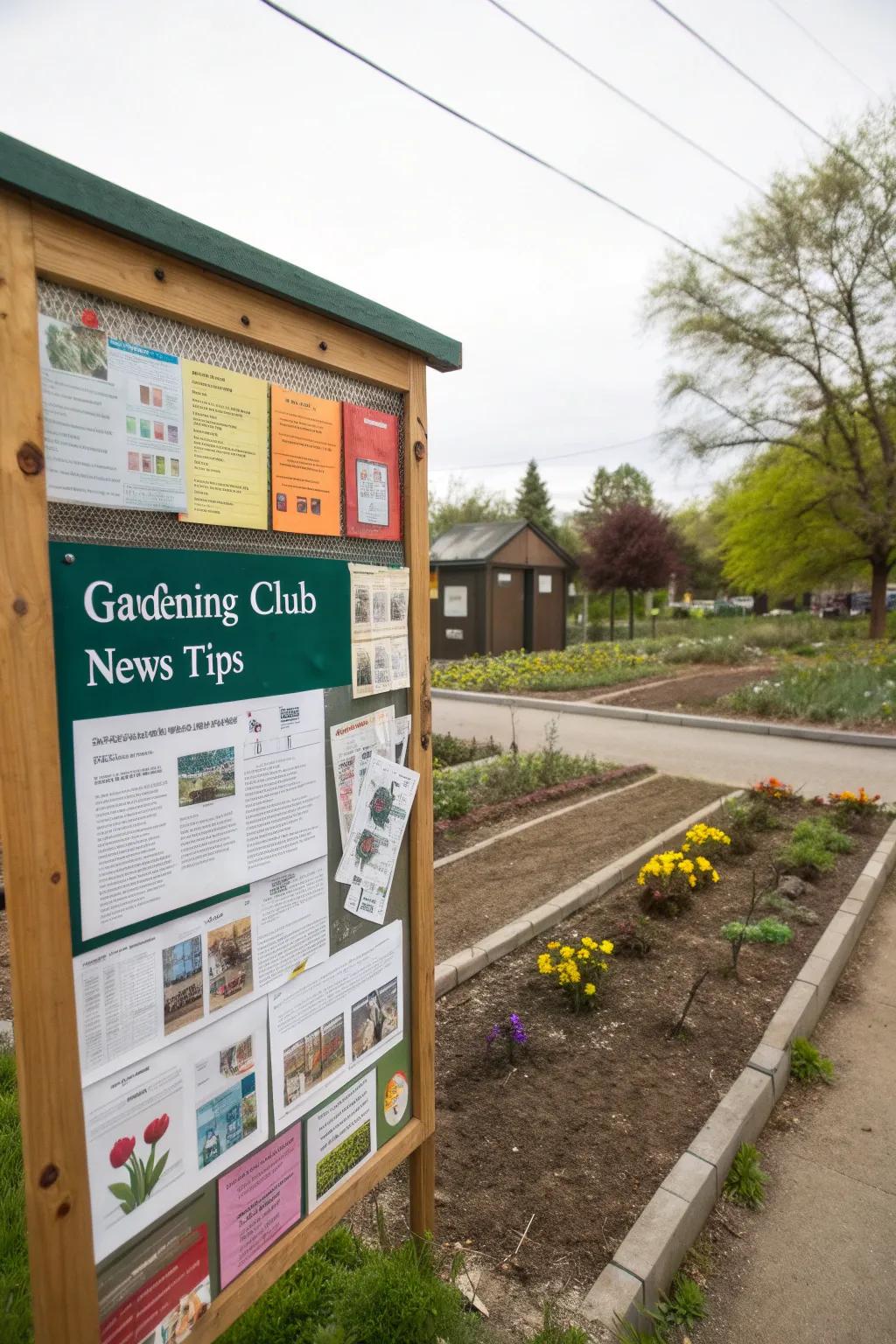 Gardening club updates on the bulletin board fostering community greenery.