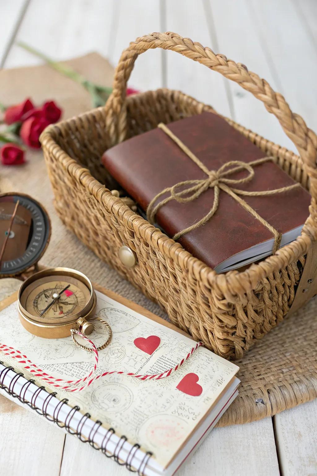 Inspire his wanderlust this Valentine's with a handcrafted gift basket for the adventurous soul.