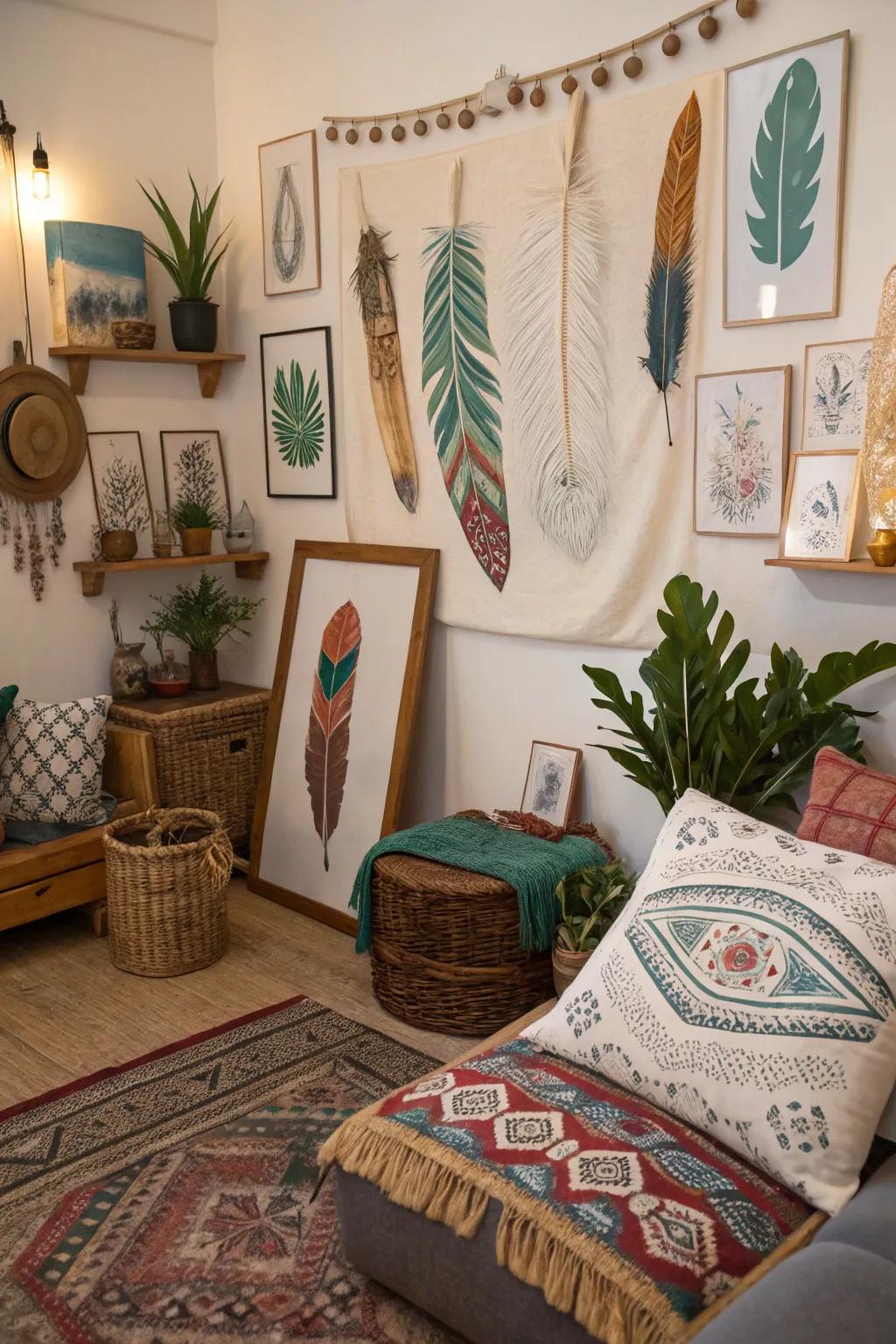 Feather art adds a light, hopeful touch to bohemian spaces.