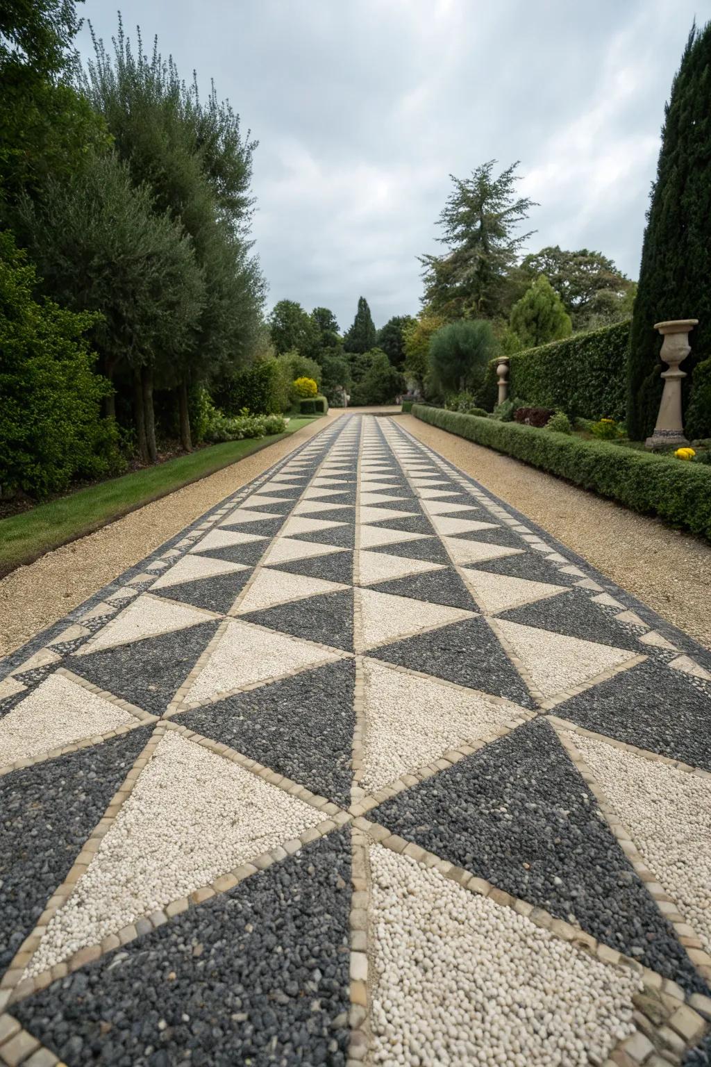 Transform your driveway into a masterpiece with bold geometric gravel patterns. Embrace the artistry of craftsmanship.