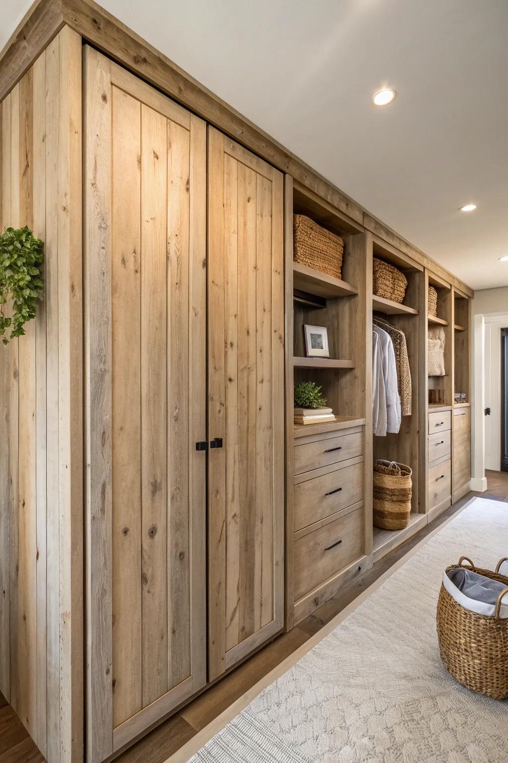 Embrace rustic elegance with reclaimed wood panels for a warm, nature-inspired closet makeover.