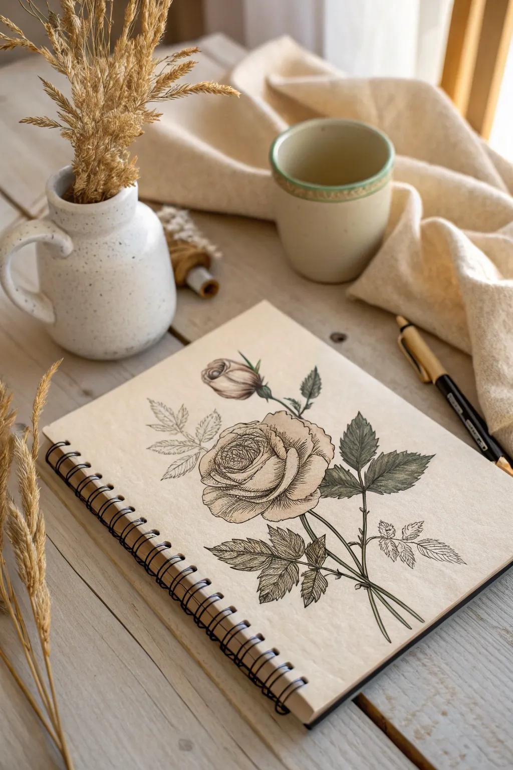 Embrace vintage charm with floral sketches in nostalgic sepia tones.