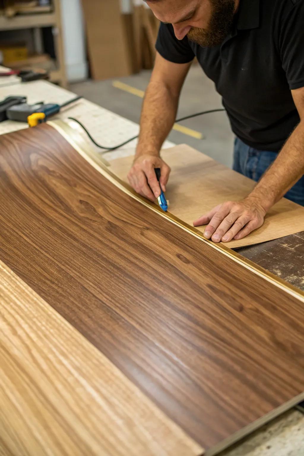 Transform plywood into a masterpiece with adhesive veneer—a craftsman's secret to luxury.