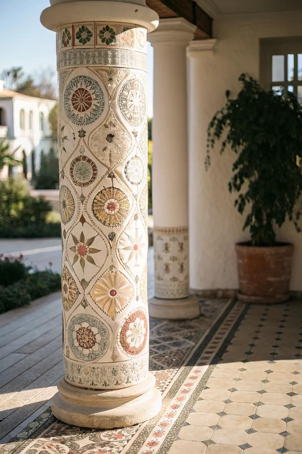 Transform your porch into an artistic masterpiece with mosaic tile columns.