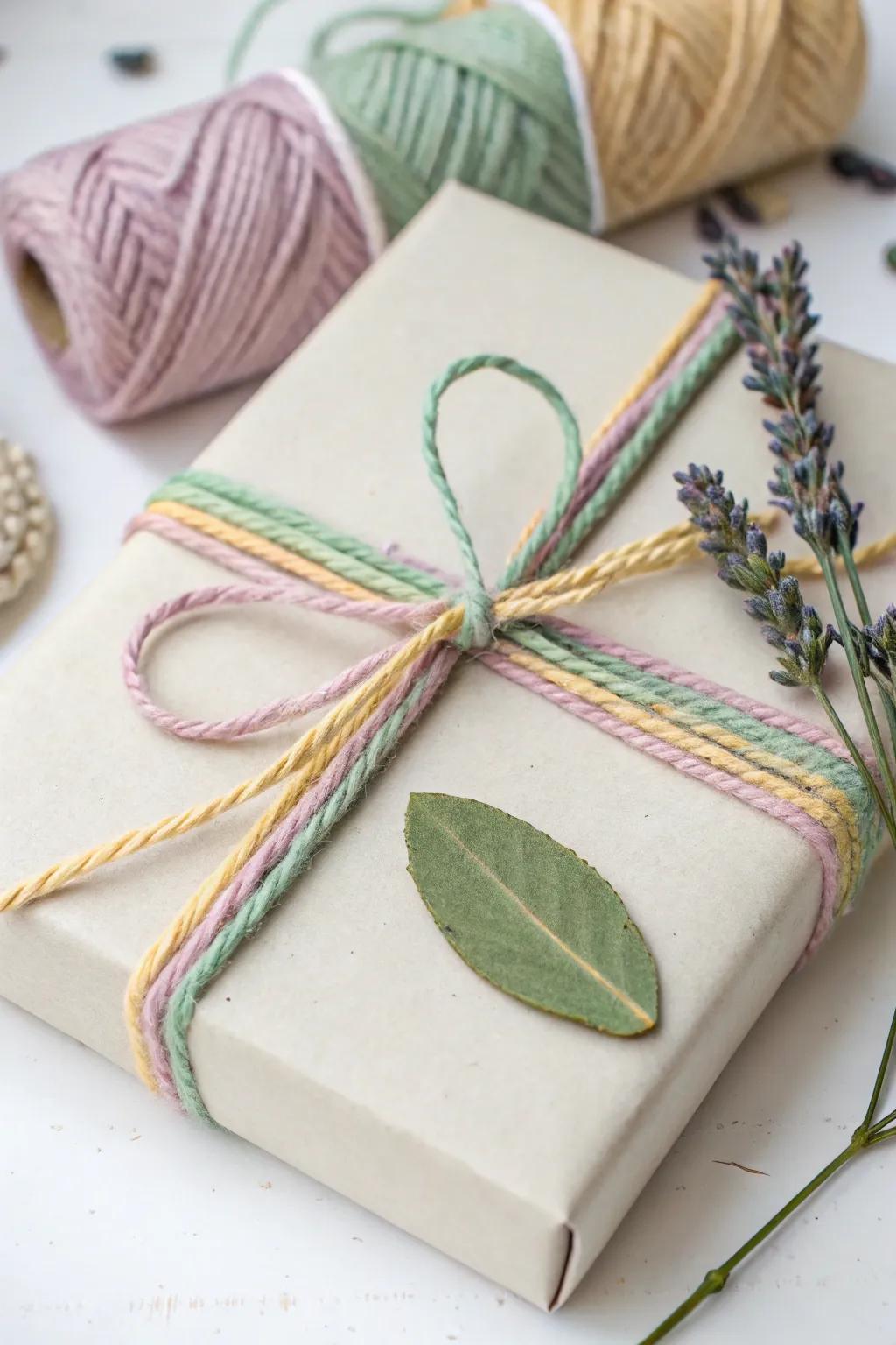 Elevate your gift wrapping with a touch of handmade charm using colorful yarn and natural accents. 🎁✨