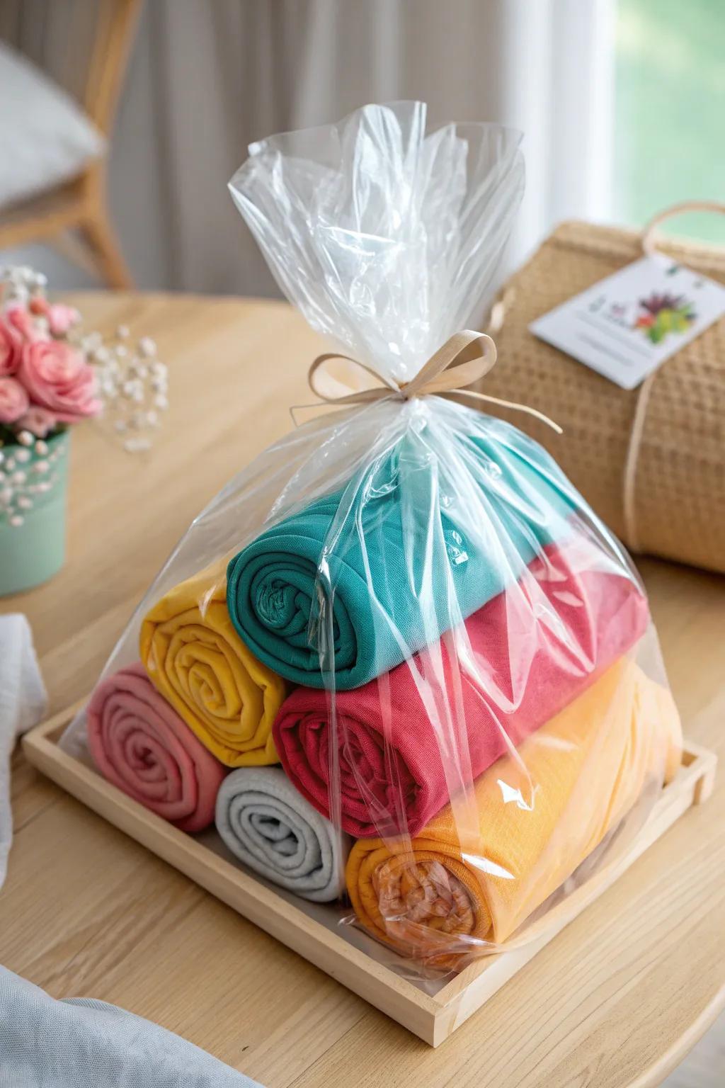 Discover the art of gift wrapping with a minimalist twist—vibrant clothes bundled in colorful cellophane for a chic, box-free presentation.