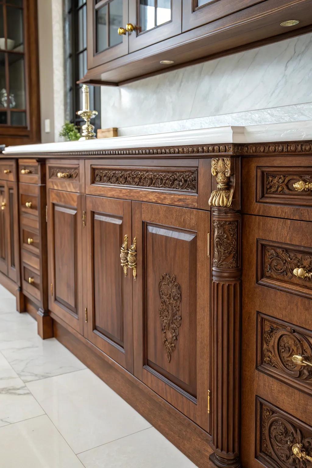 Elevate your kitchen's style with a bold contrast: dark mahogany cabinets paired with a sleek, white marble countertop.