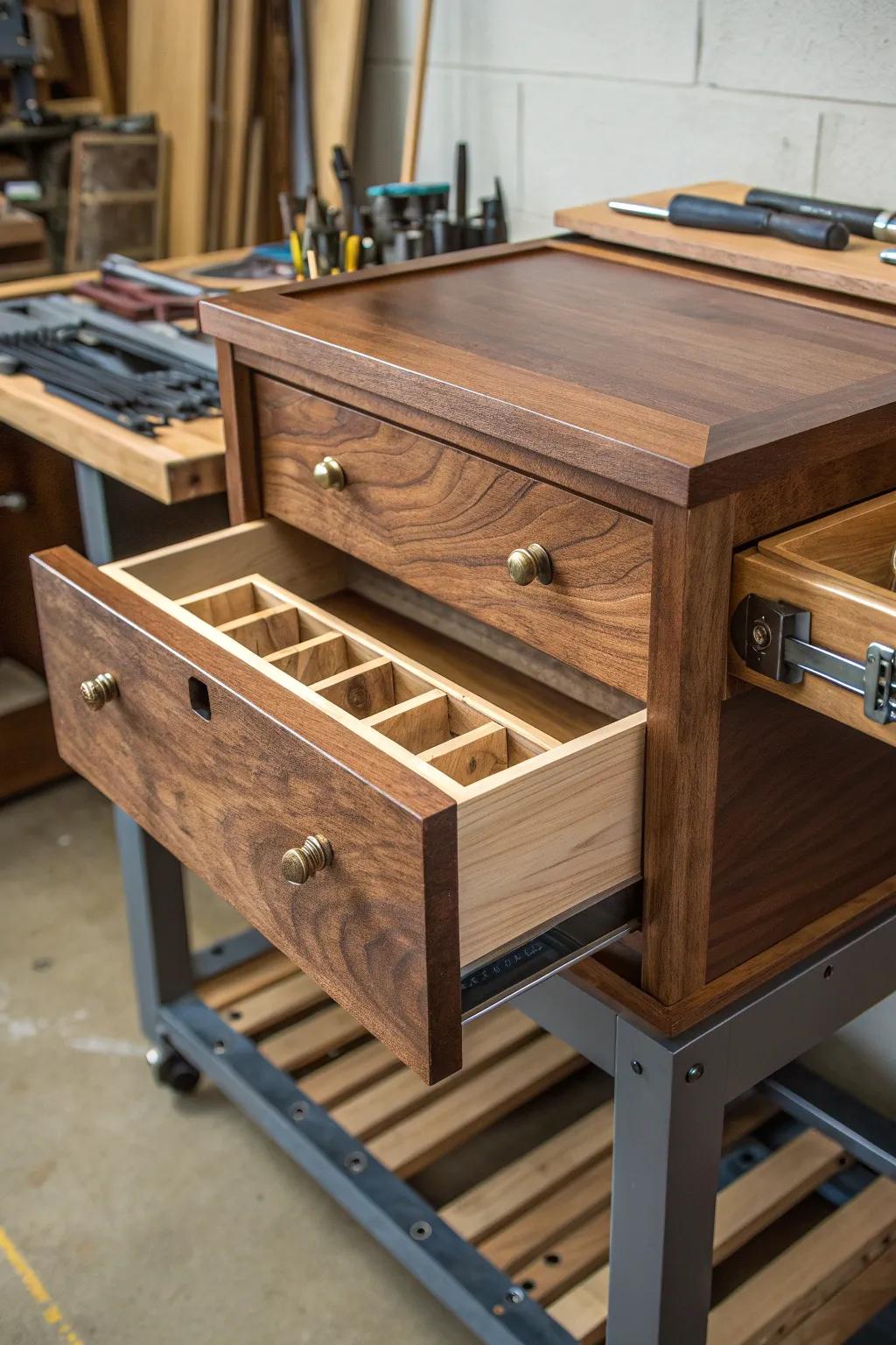 Discover the secret to a tidy workshop with elegantly hidden storage solutions.