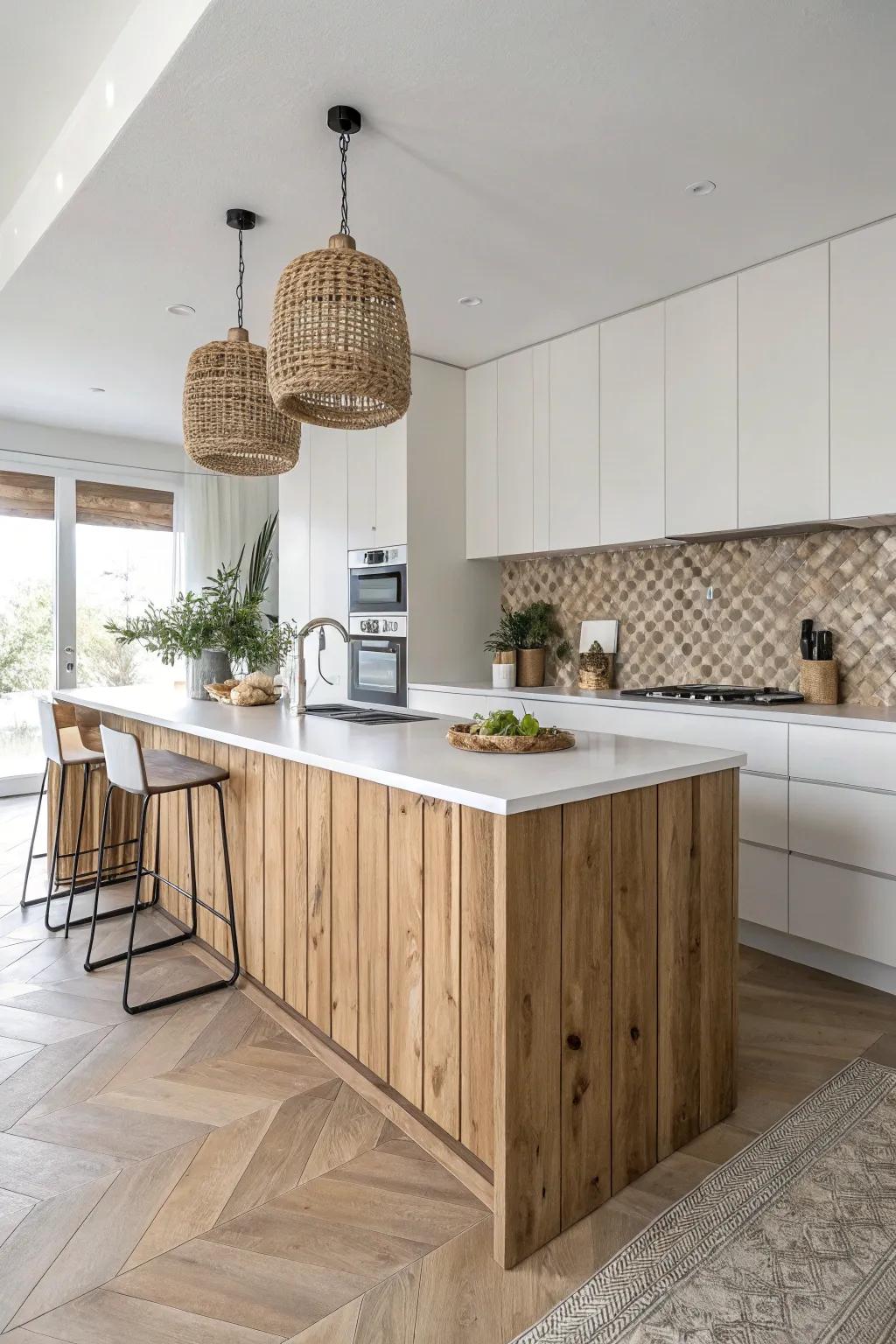 Elevate your kitchen with the timeless elegance of wood-look tiles, blending Scandinavian minimalism with boho warmth.