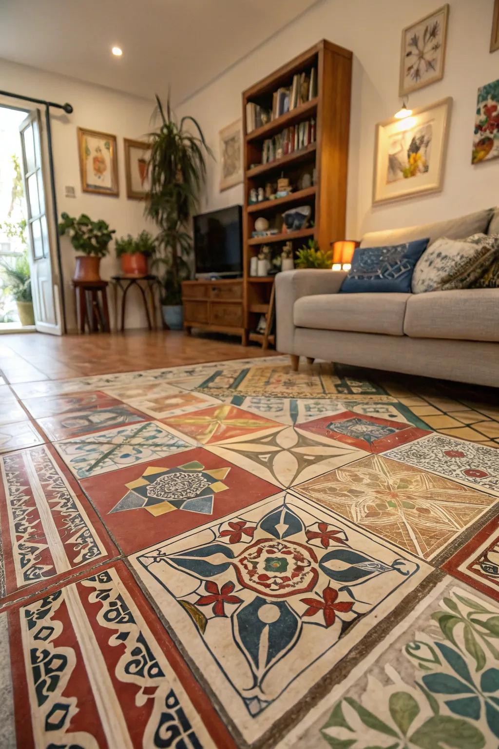 Hand-painted floor tiles add a unique and vibrant touch.