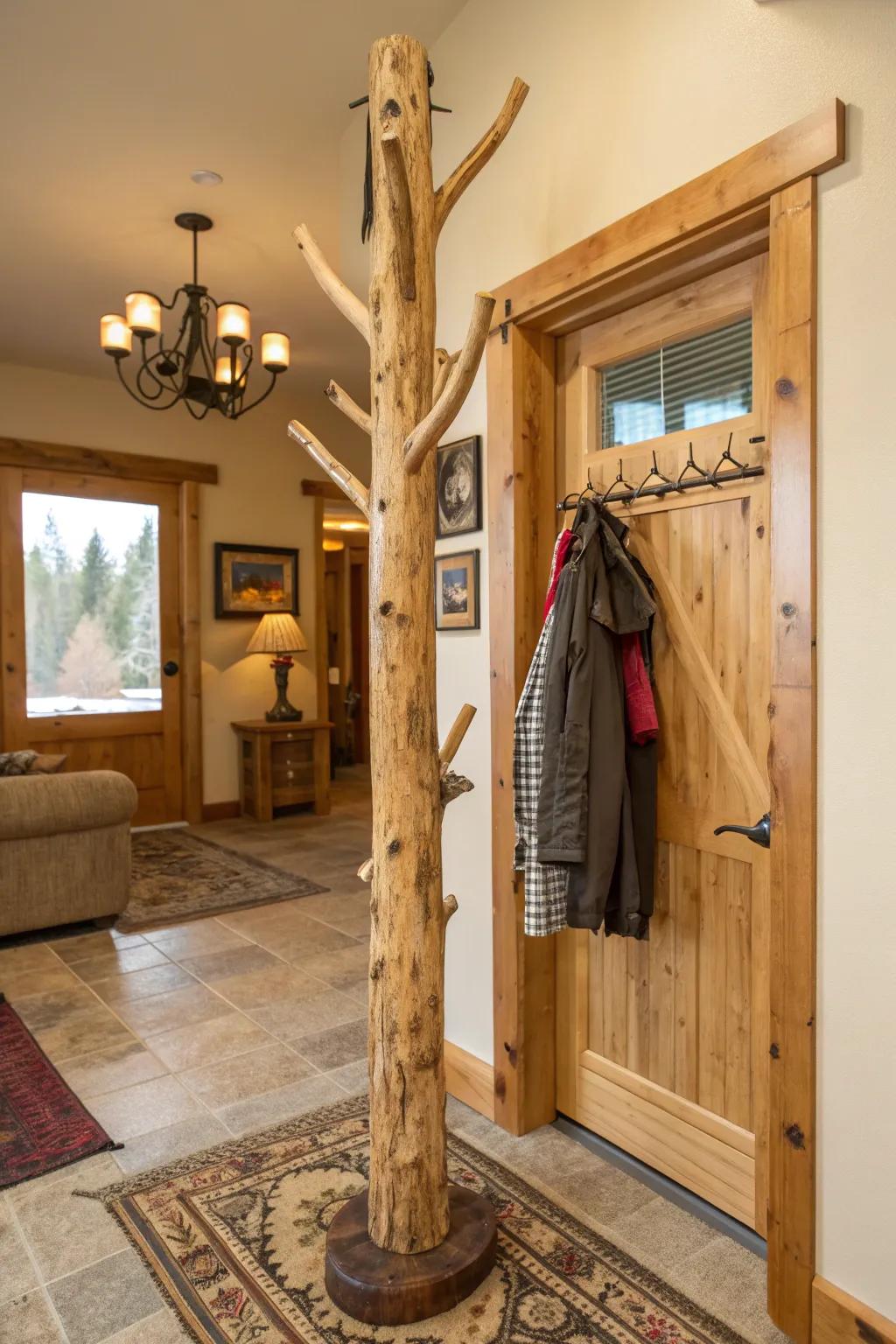 Welcome warmth: A rustic aspen log coat rack perfect for the modern entryway.