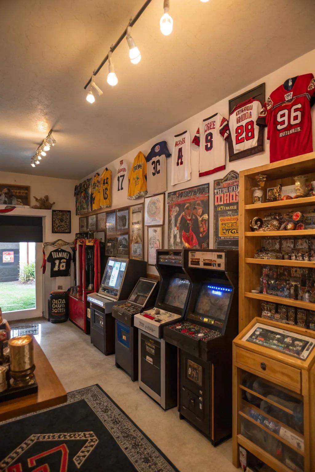Personalized memorabilia adding character and personal connection to a game room.
