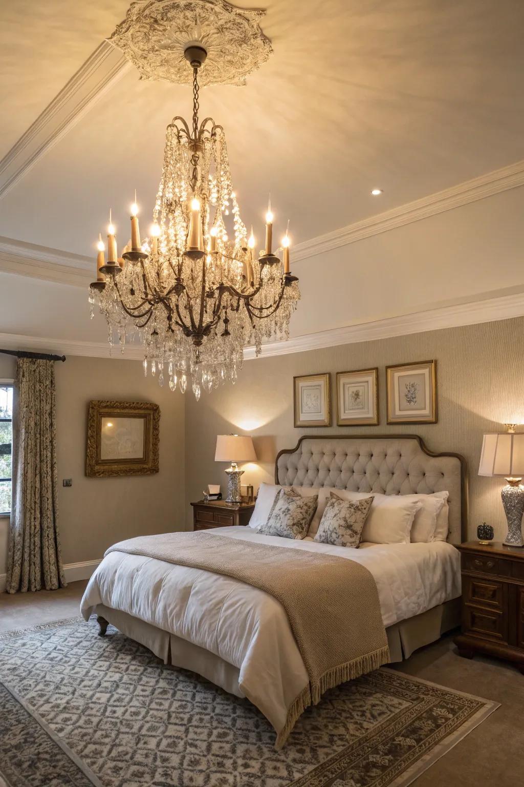 A chandelier adds elegance and luxury to this guest bedroom.