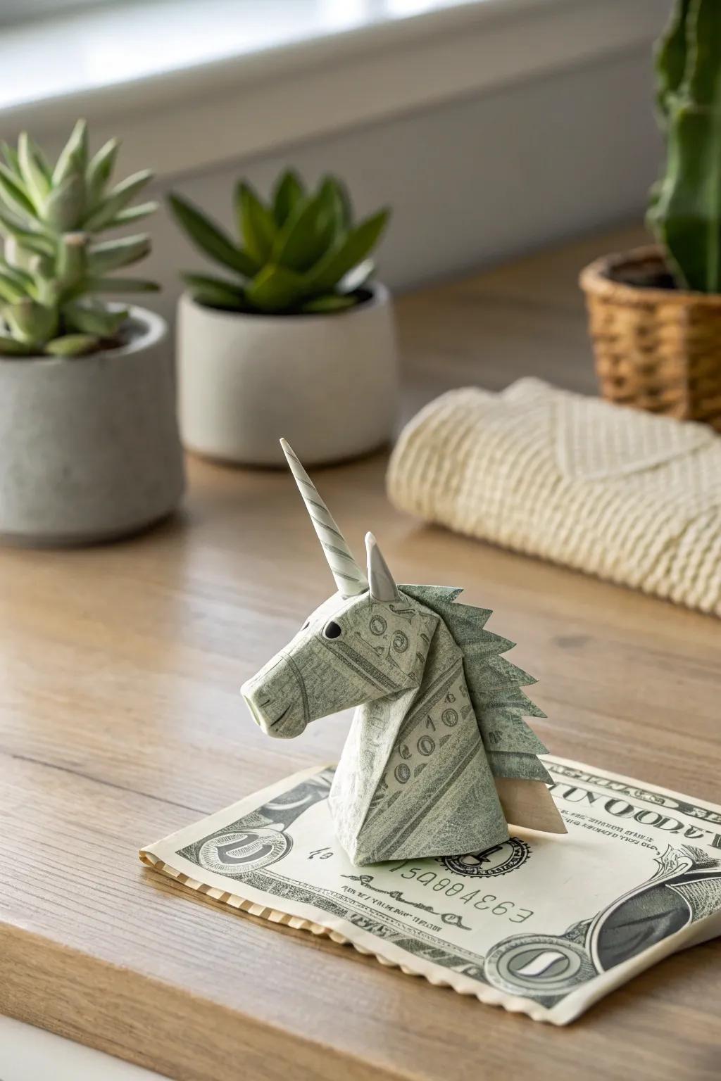 Discover the magic of minimalism with this enchanting dollar unicorn origami.