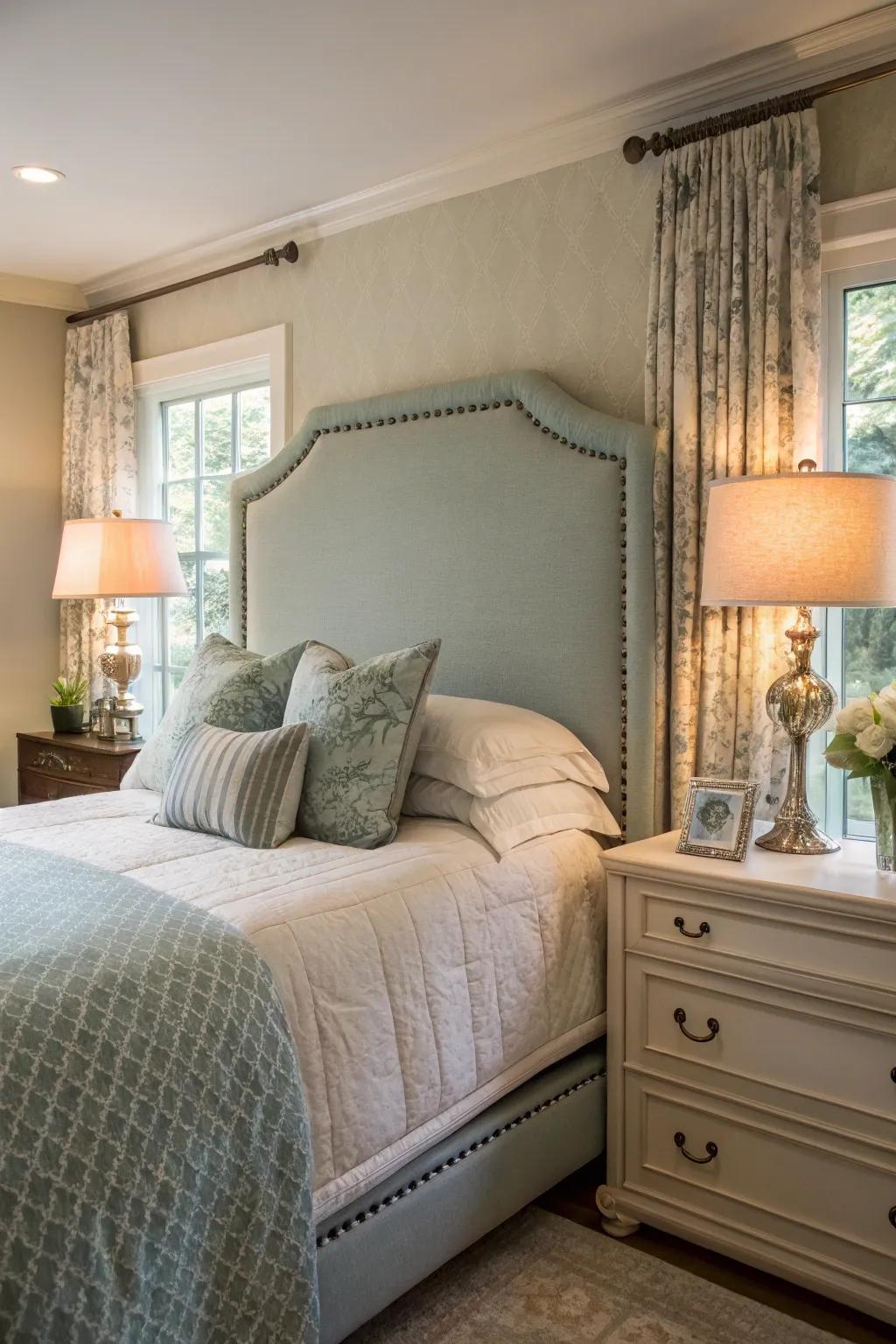 A custom headboard adds personality and elegance to the bedroom.