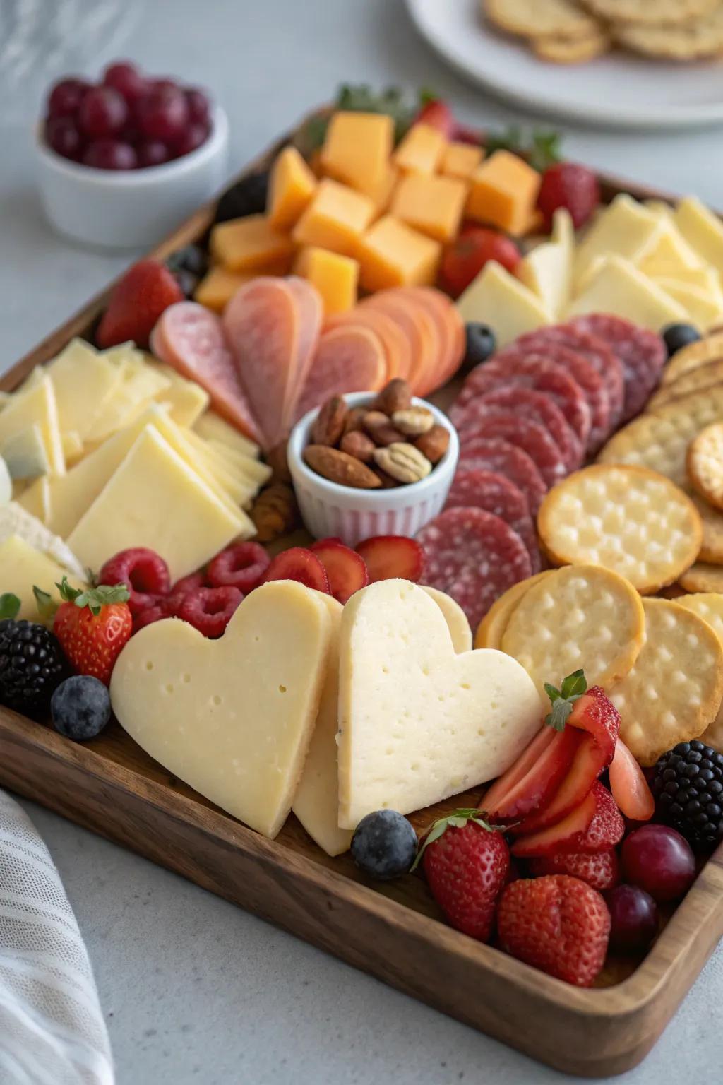 Heart-shaped cheeses add whimsy and love to your board.
