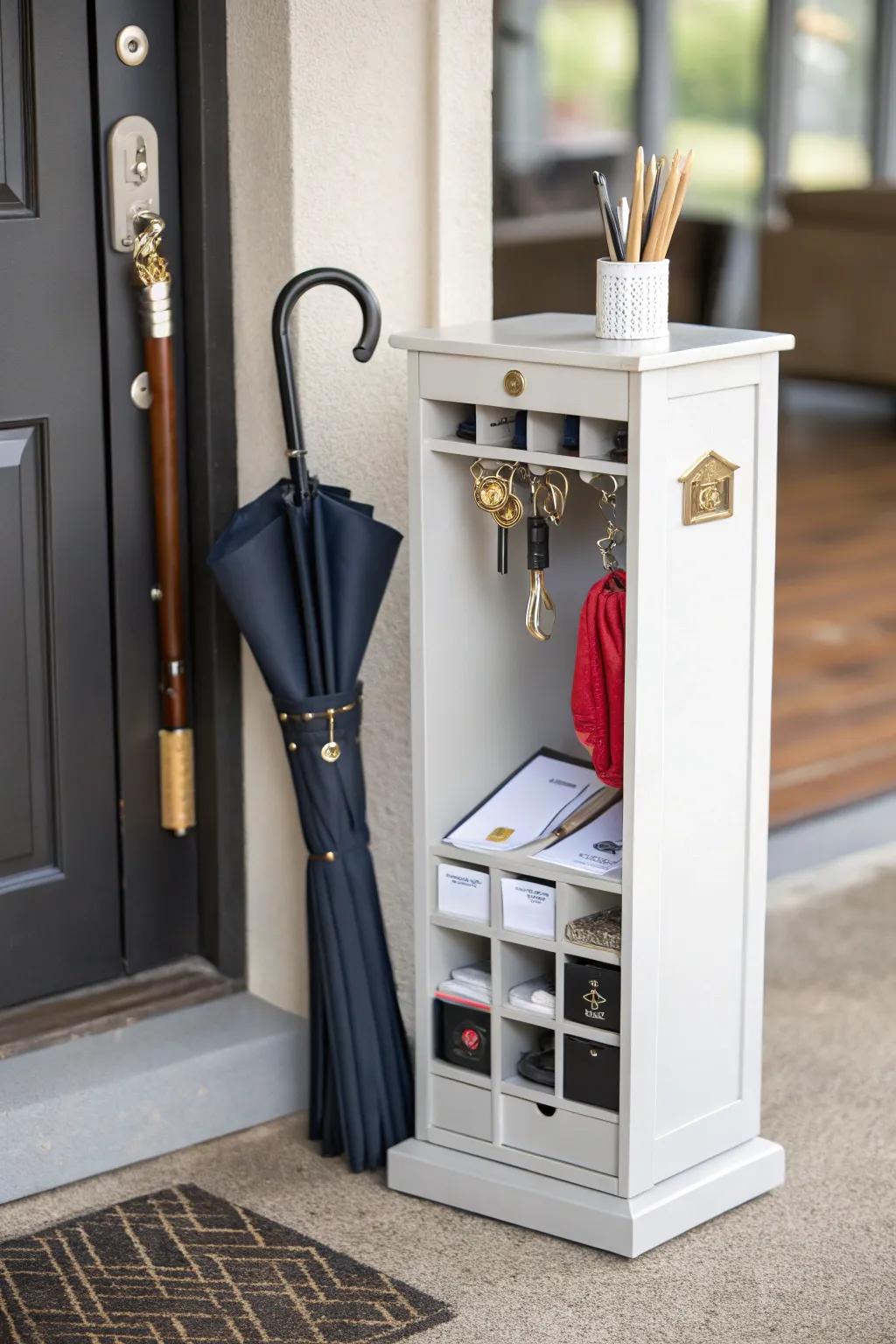 Slim cabinets in entryways keep daily essentials organized.