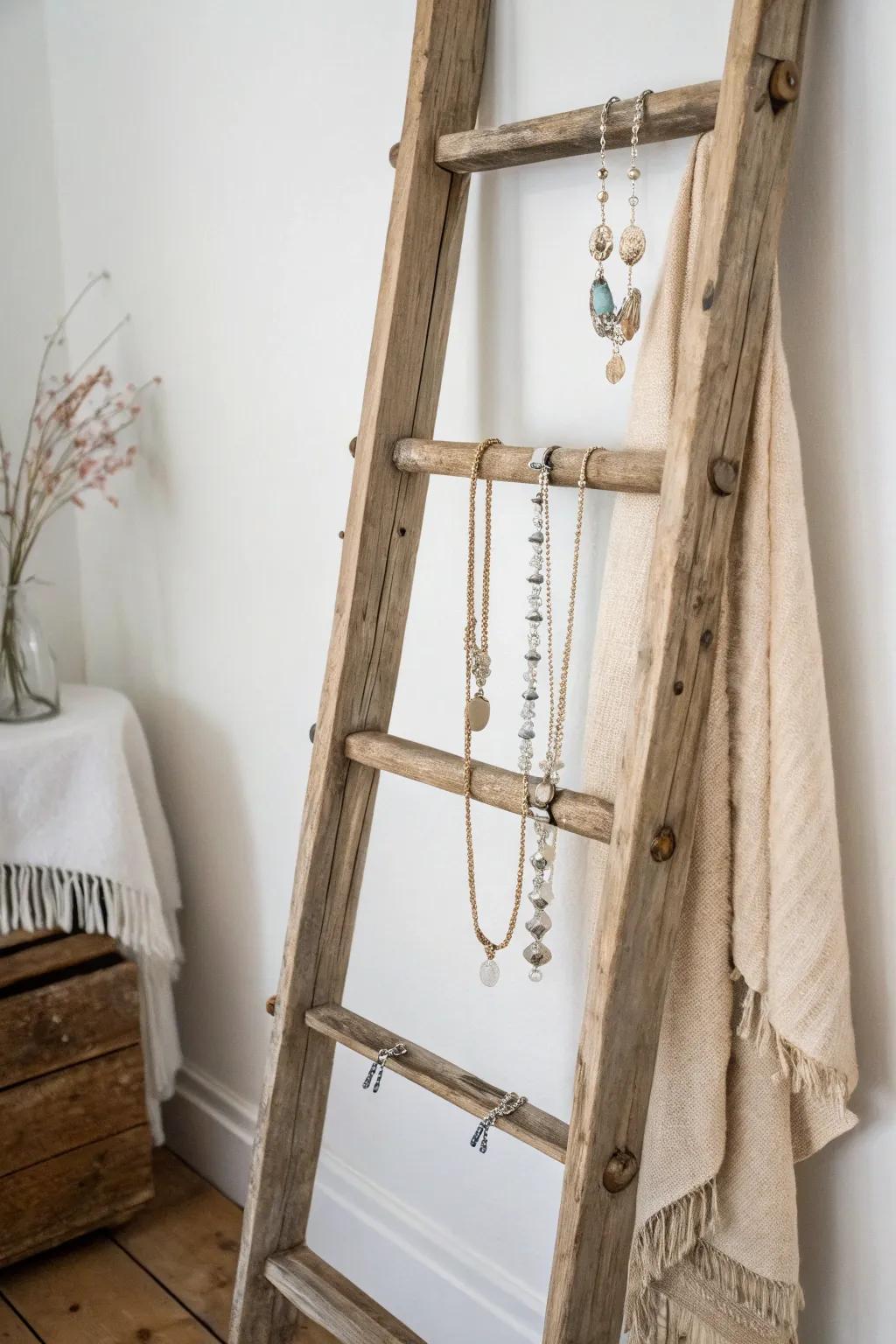 Transform old into gold: a rustic ladder becomes the perfect minimalist necklace display.