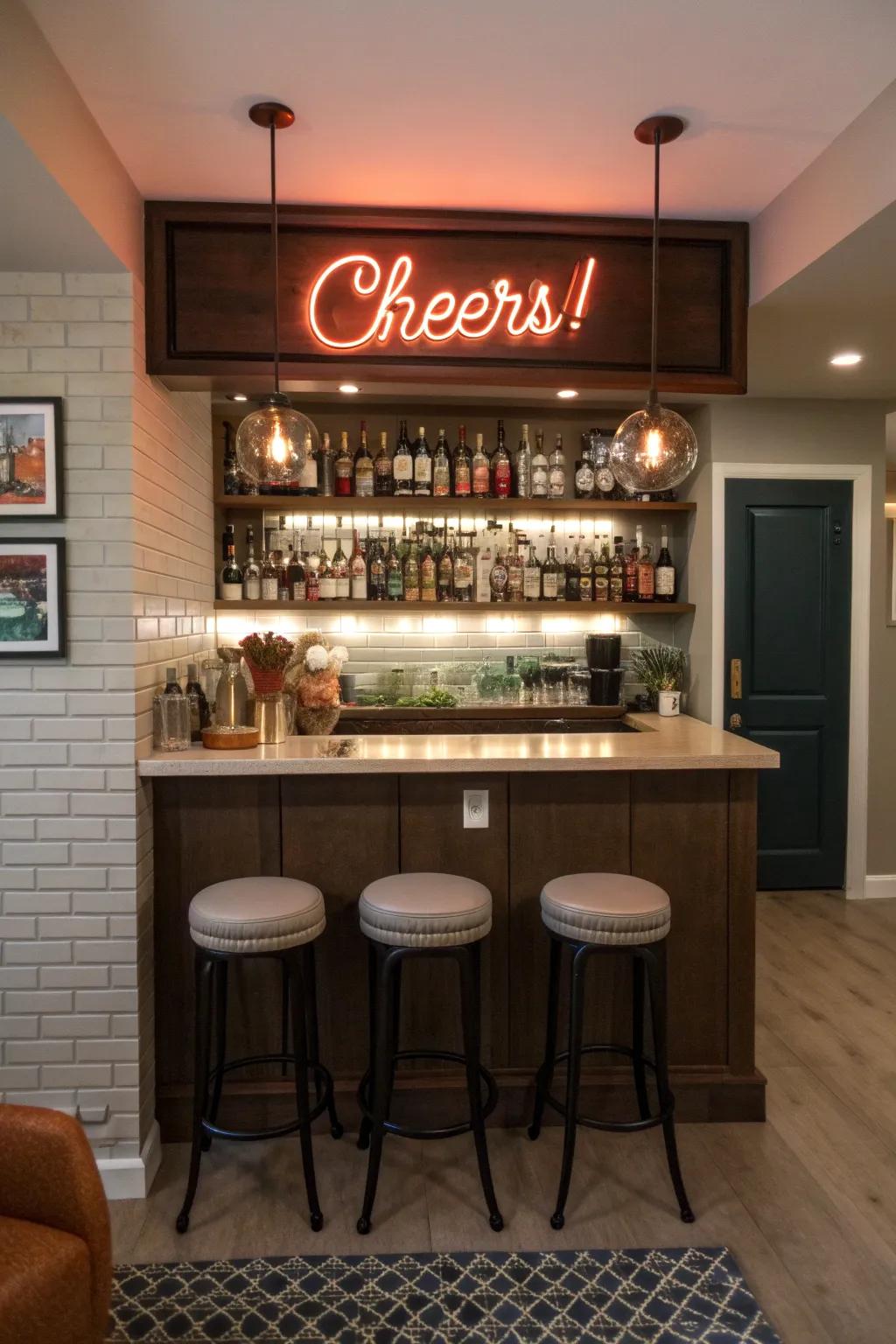 A home bar with a festive 'Cheers!' neon sign.