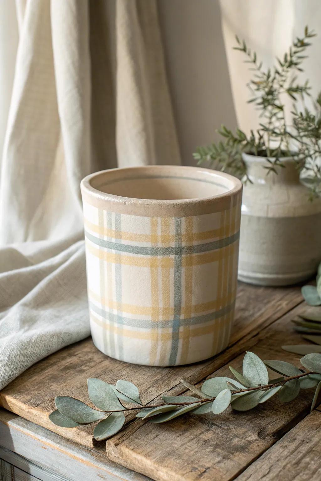 Bring warmth into your home with this beautifully crafted plaid pot, perfect for a cozy cottage vibe.