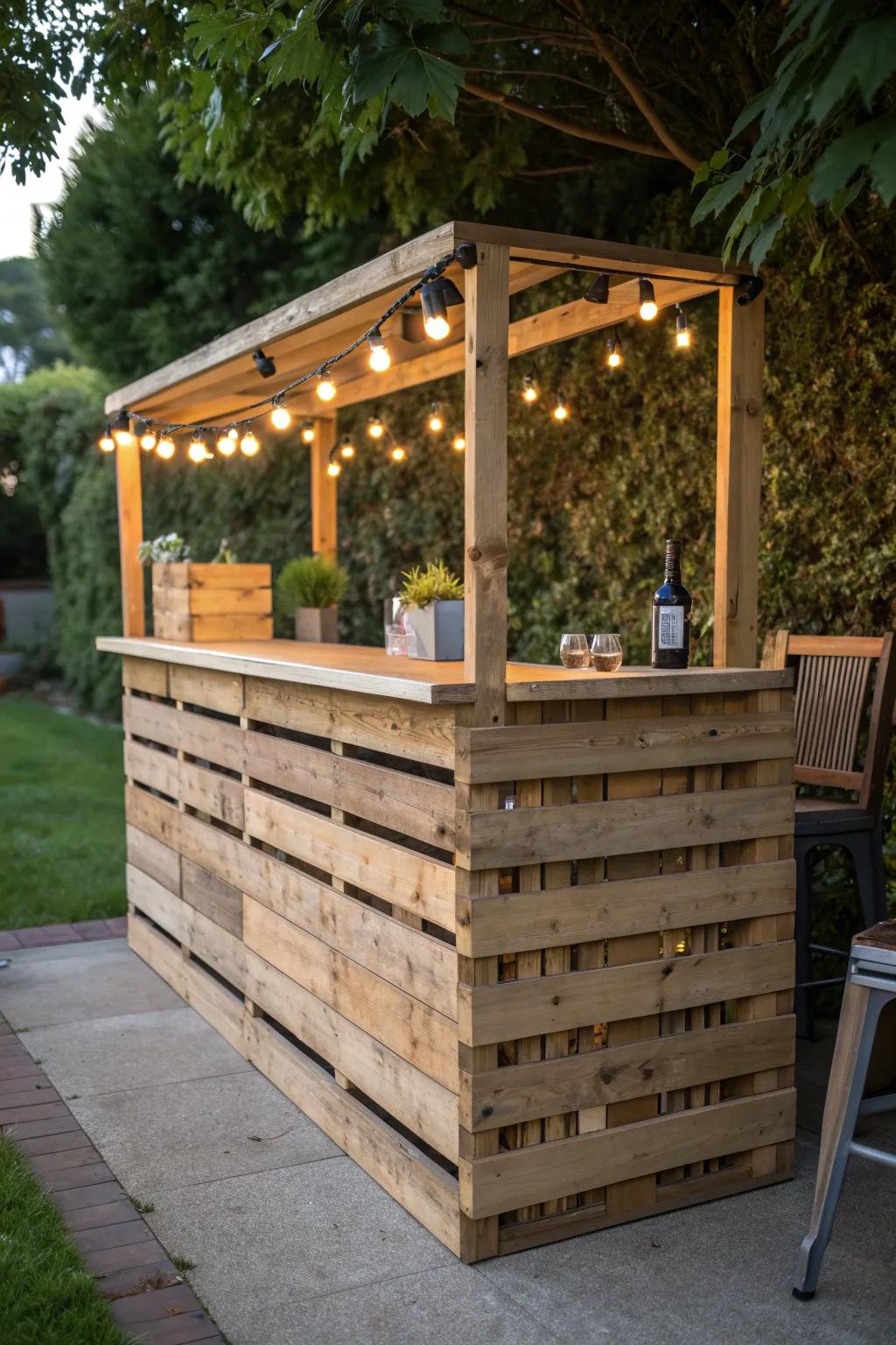 Illuminate your evenings with an eco-friendly pallet bar, where craftsmanship meets sustainability.