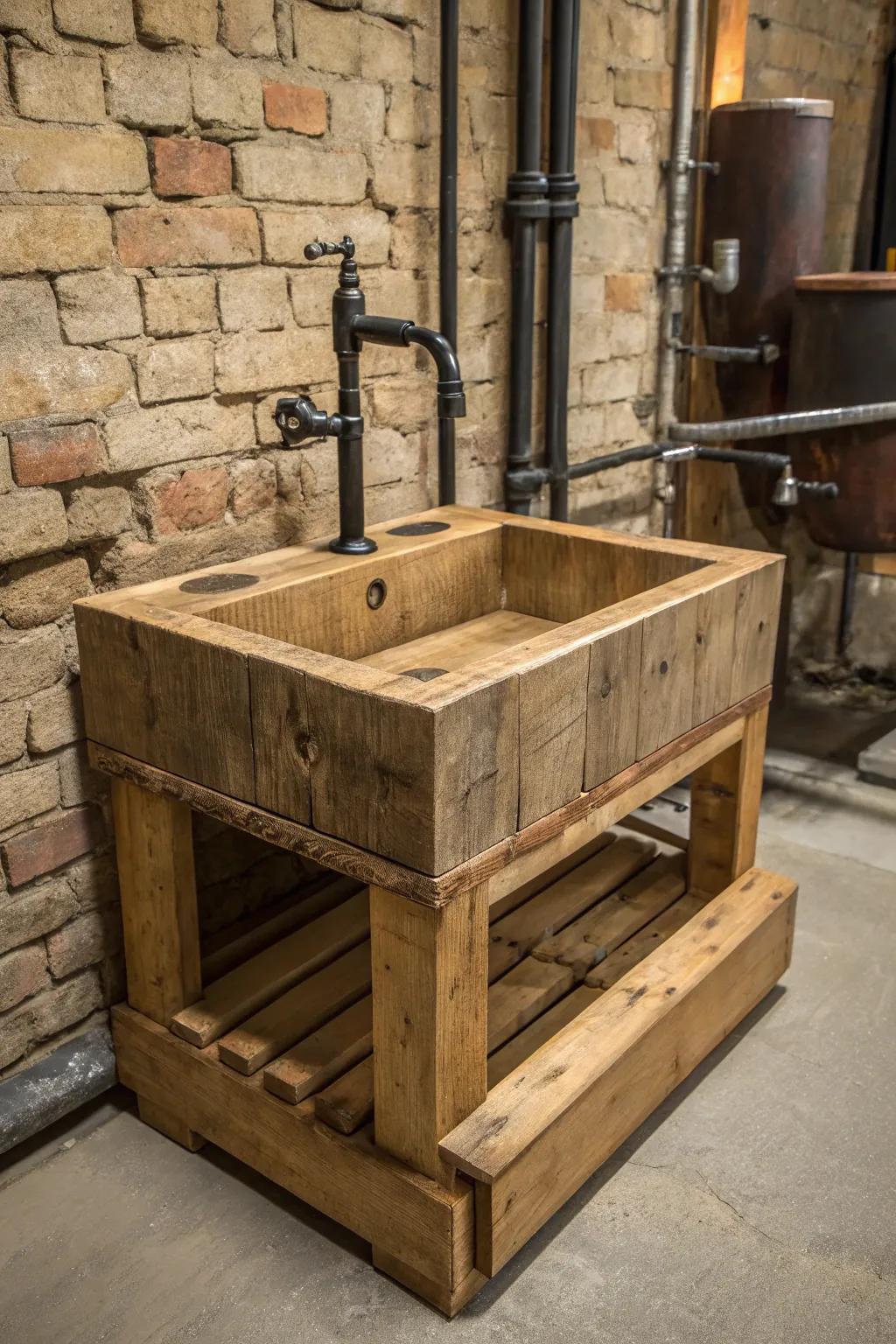 Elevate your space with a handcrafted pallet sink, where raw wood meets industrial elegance.