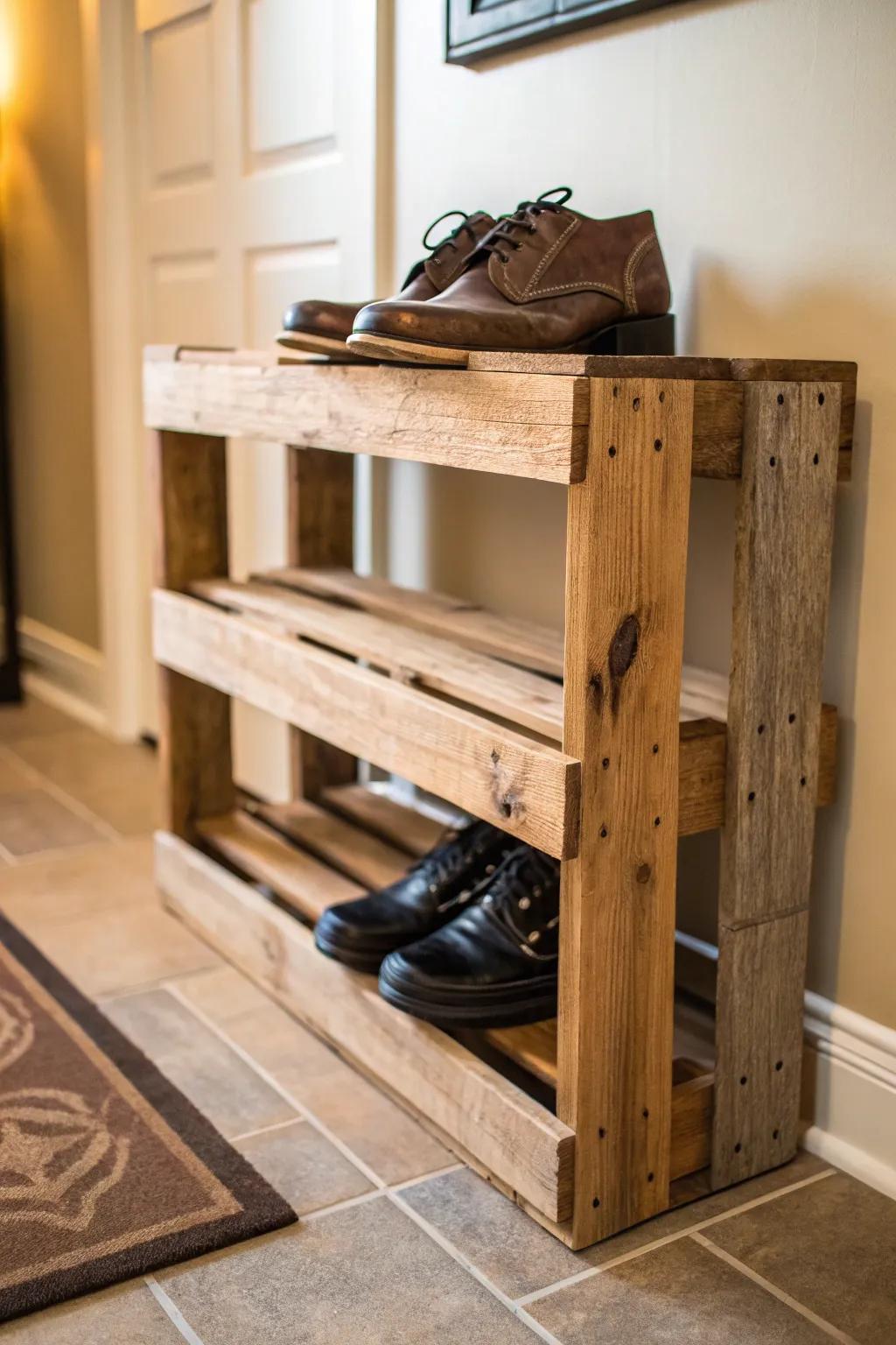 Elevate your entryway with this handcrafted pallet shoe rack, where functionality meets rustic charm.