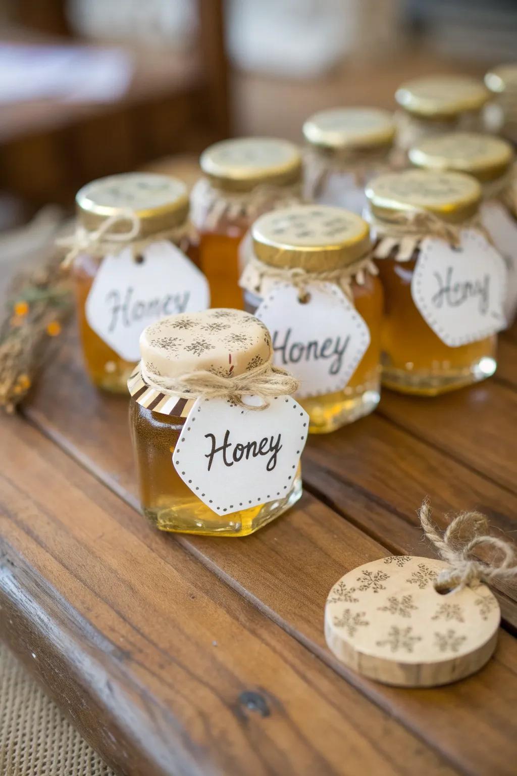Miniature honey jars, adding sweetness to baptism celebrations.