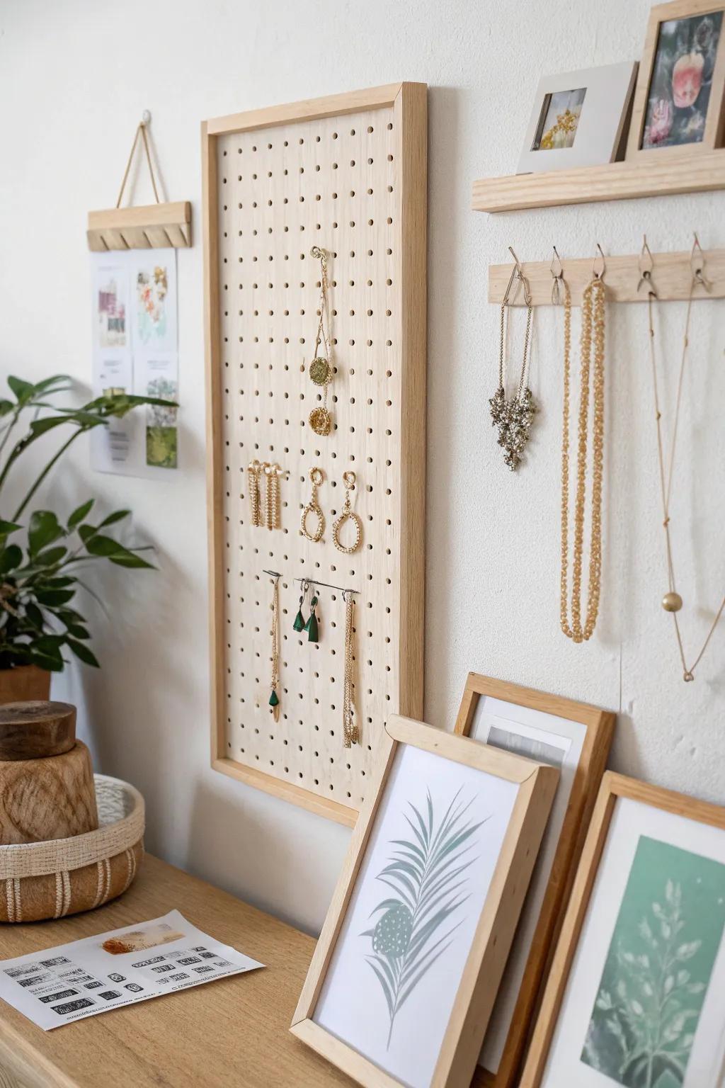 Elevate your wall decor with a chic pegboard jewelry display that seamlessly blends art and personal touches. #ScandiBohoStyle