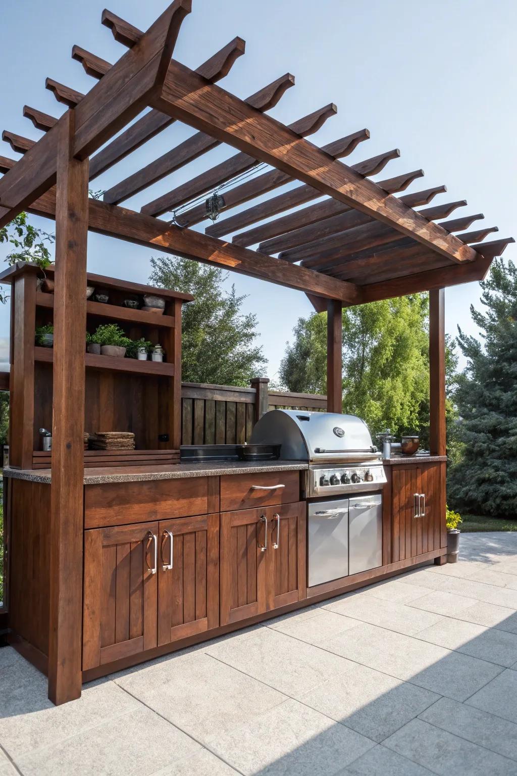 Elevate your grilling experience with a pergola that combines style and storage.