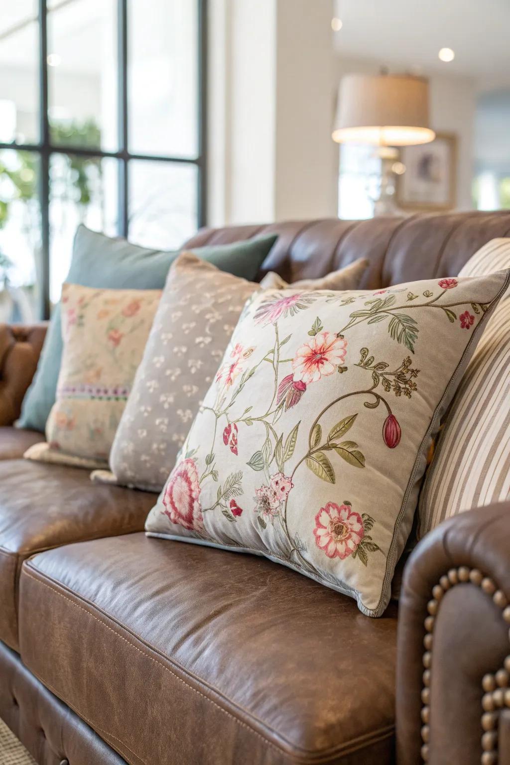 Mixing solids with patterns creates a dynamic design on a leather couch.