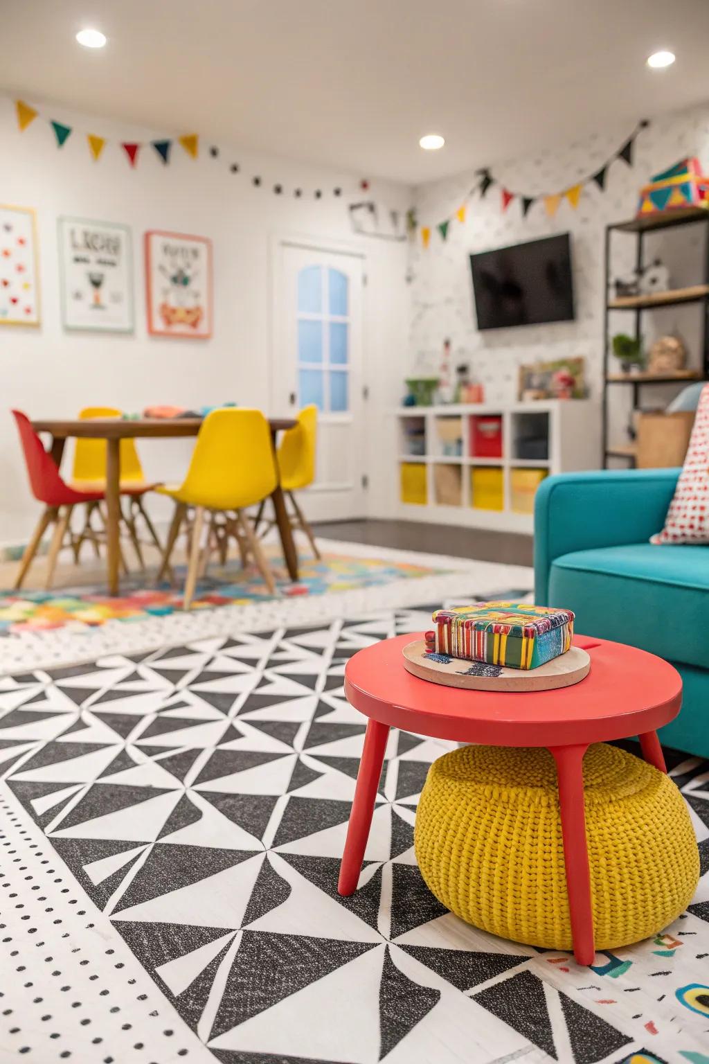 Graphic vinyl tiles create a bold and playful space.