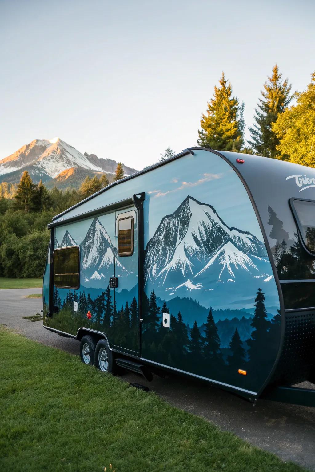 Transform your camper into a rolling masterpiece with a personalized mountain scene exterior.