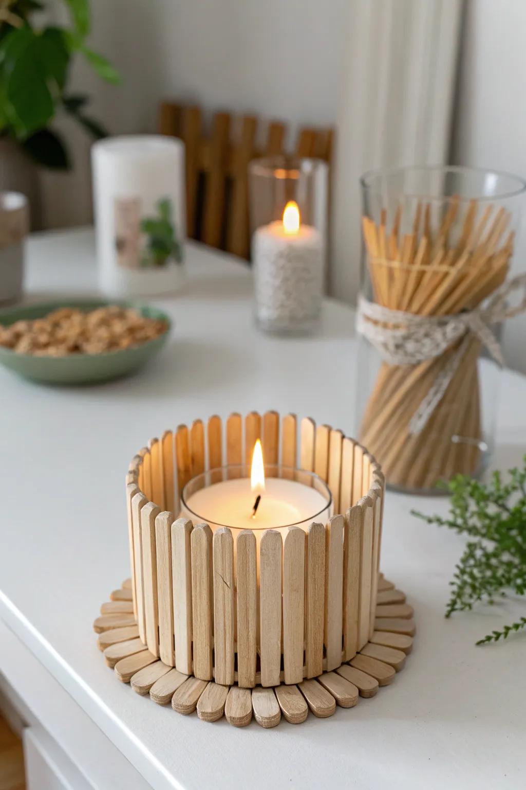 Illuminate your space with the natural elegance of a DIY popsicle stick candle holder.