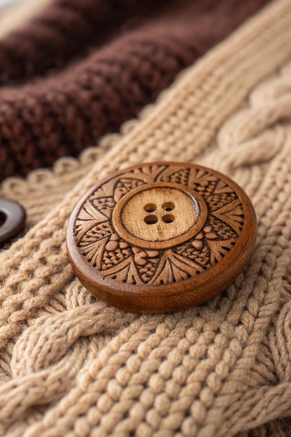 Elevate your style with bespoke pyrography buttons, adding a rustic charm to every stitch.