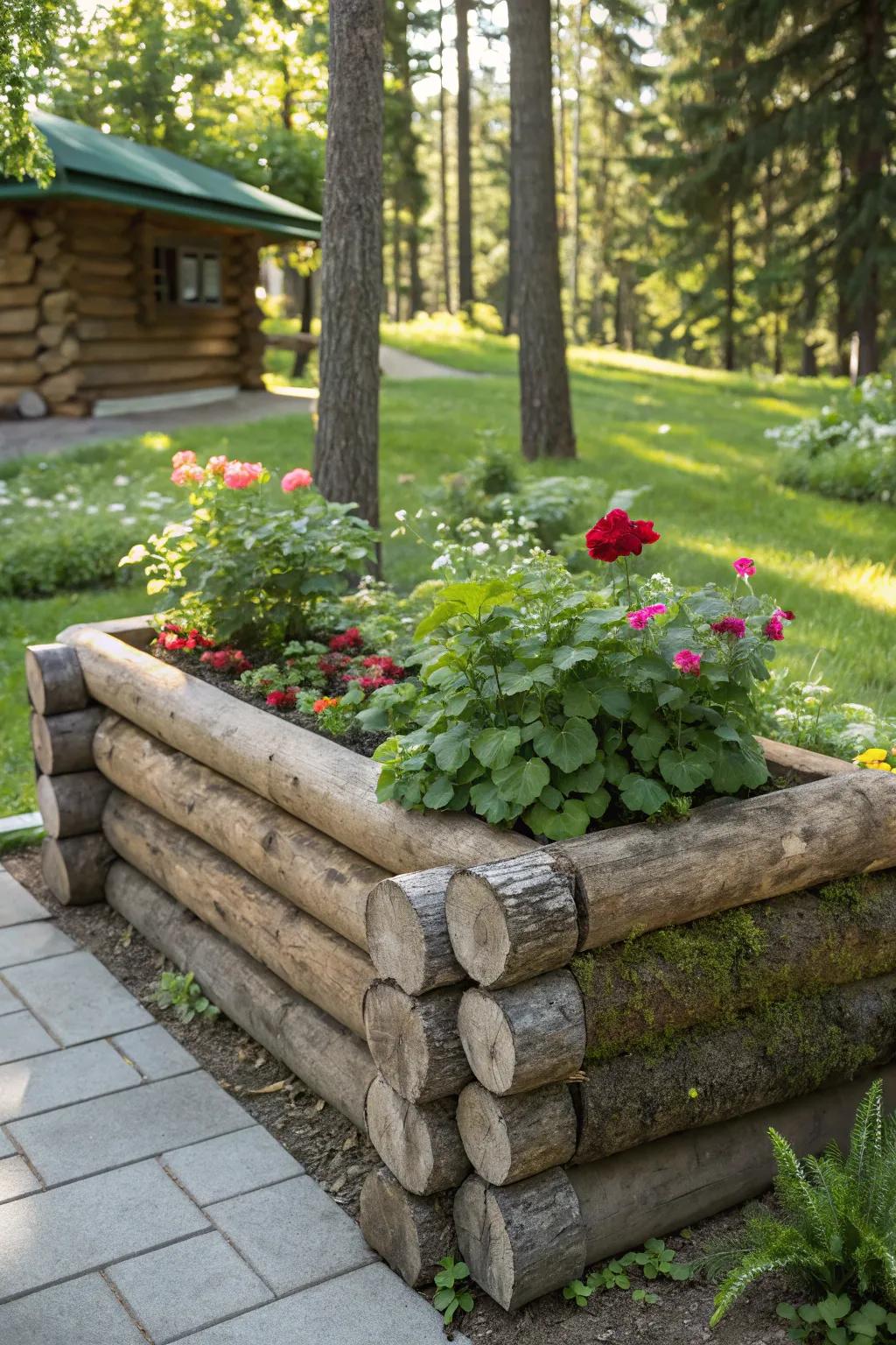 Embrace rustic charm with a log-built raised flower bed, perfect for a peaceful garden retreat.