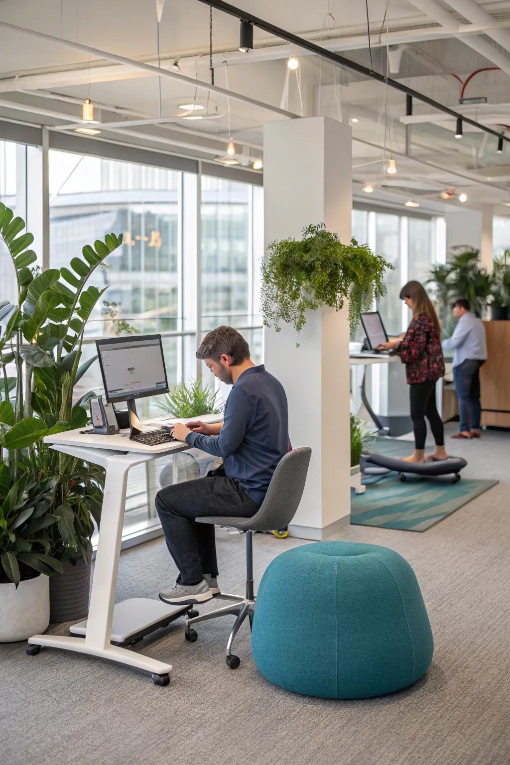 Wellness-focused office design with ergonomic workstations and relaxation zones.
