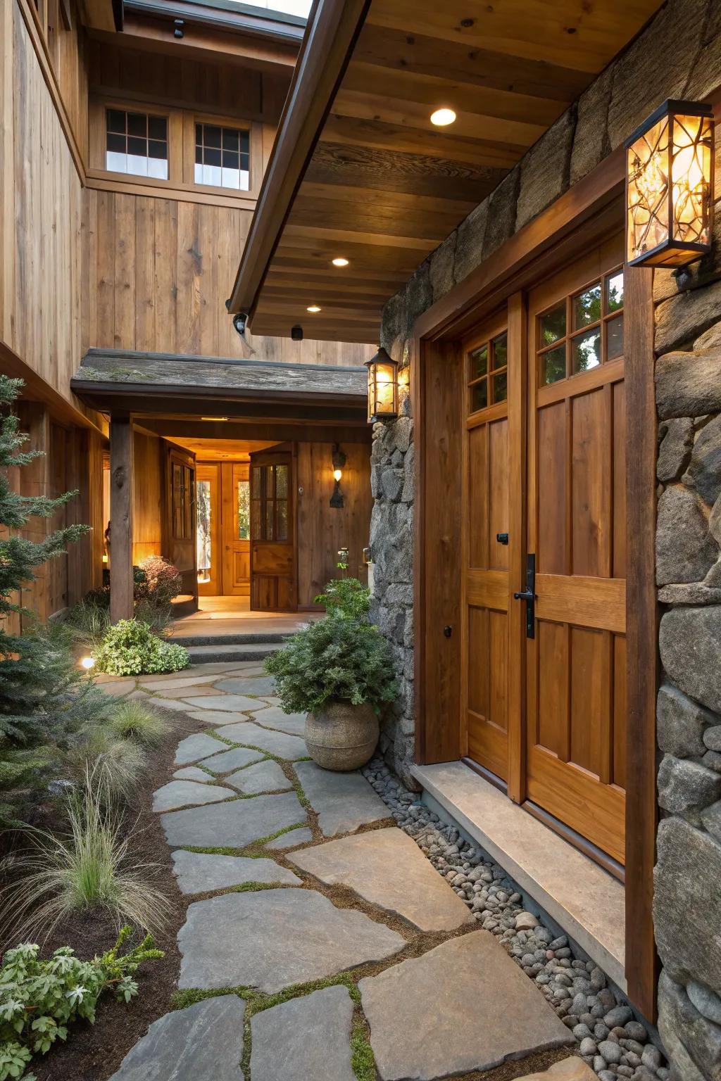 Natural materials add a grounding and calming effect to the entryway.