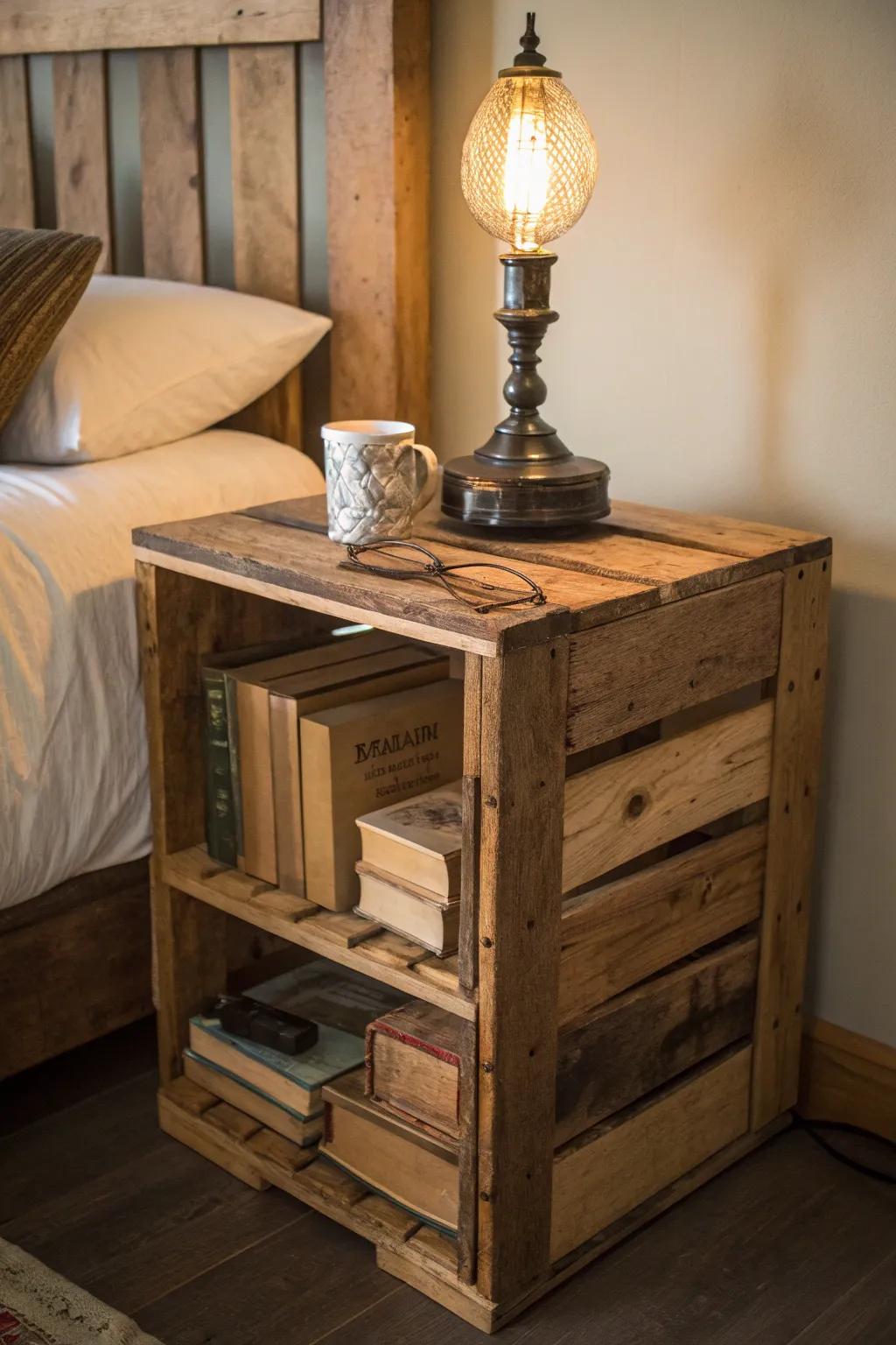Rustic elegance meets functionality with this handcrafted bedside table from reclaimed pallets.