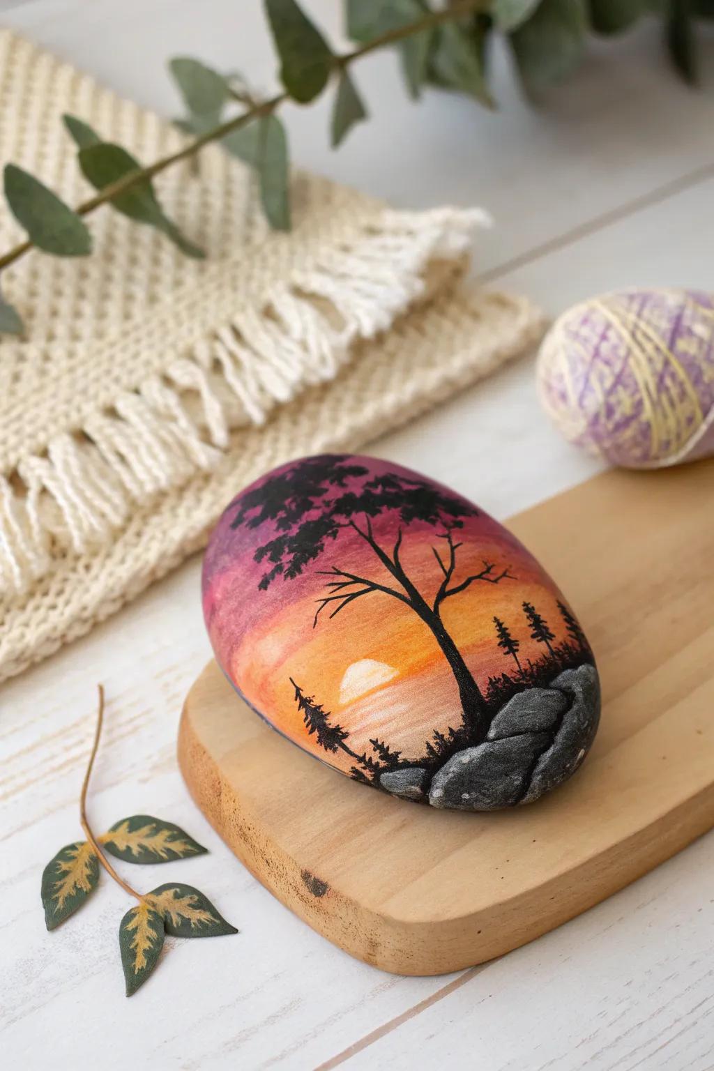 Capture the essence of a sunset with this stunning silhouette swirl rock painting, where simplicity meets natural beauty.