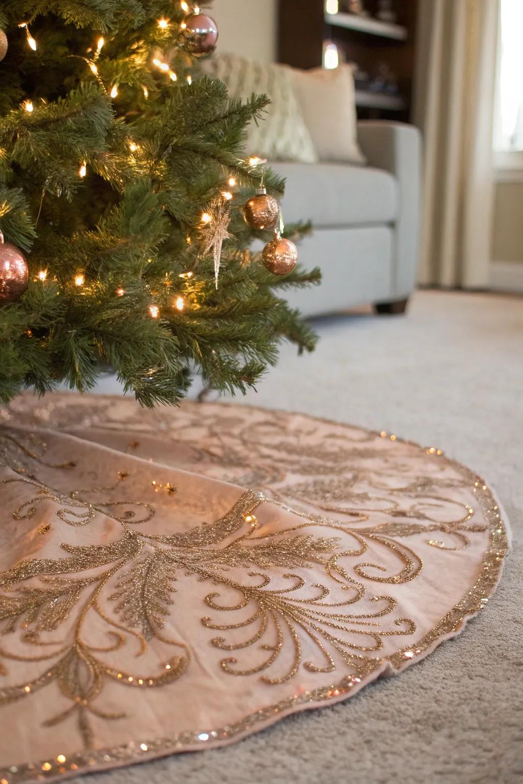 An elegant rose gold tree skirt completes the tree's look.
