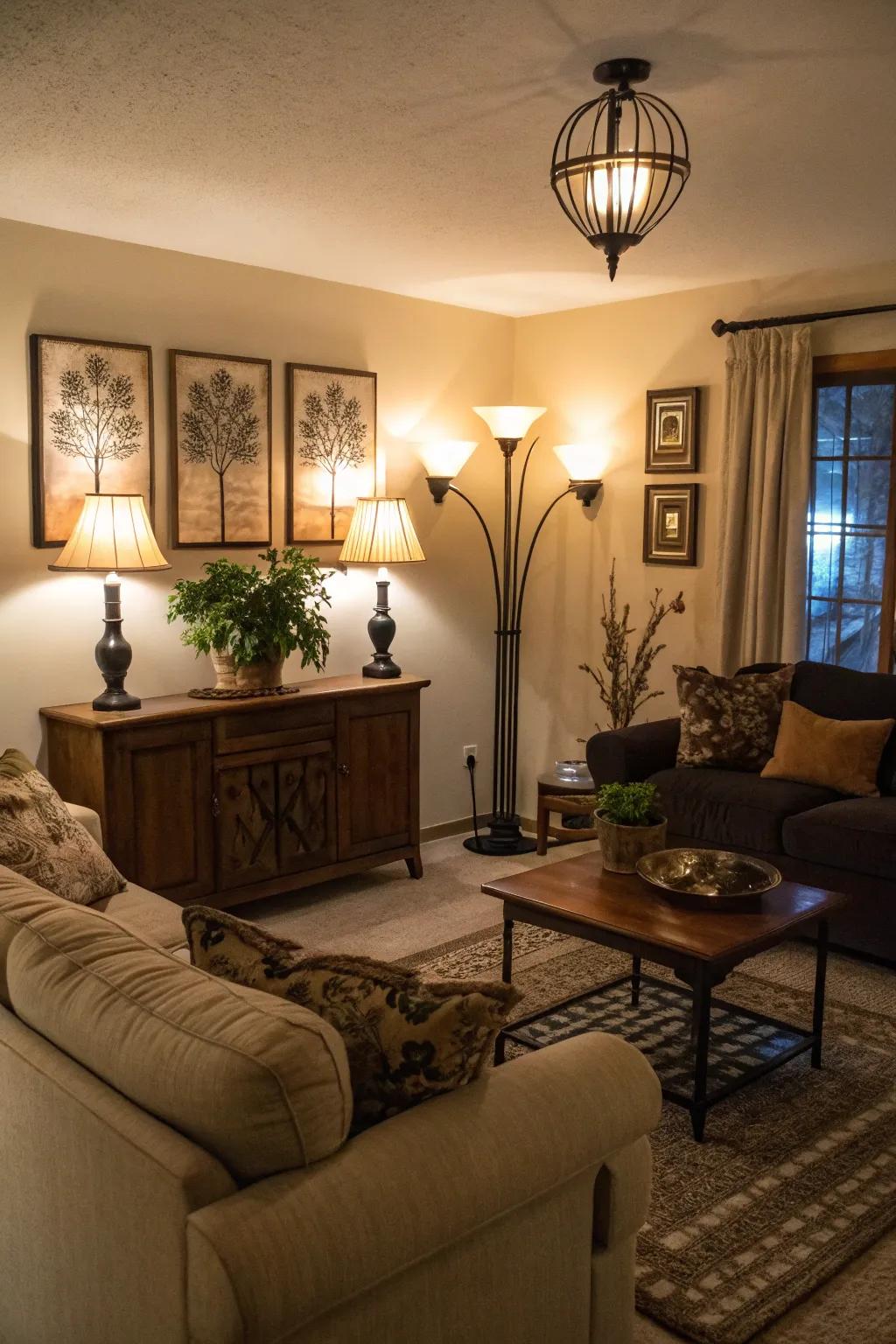 Layered lighting creates a warm and inviting ambiance in this rustic glam room.