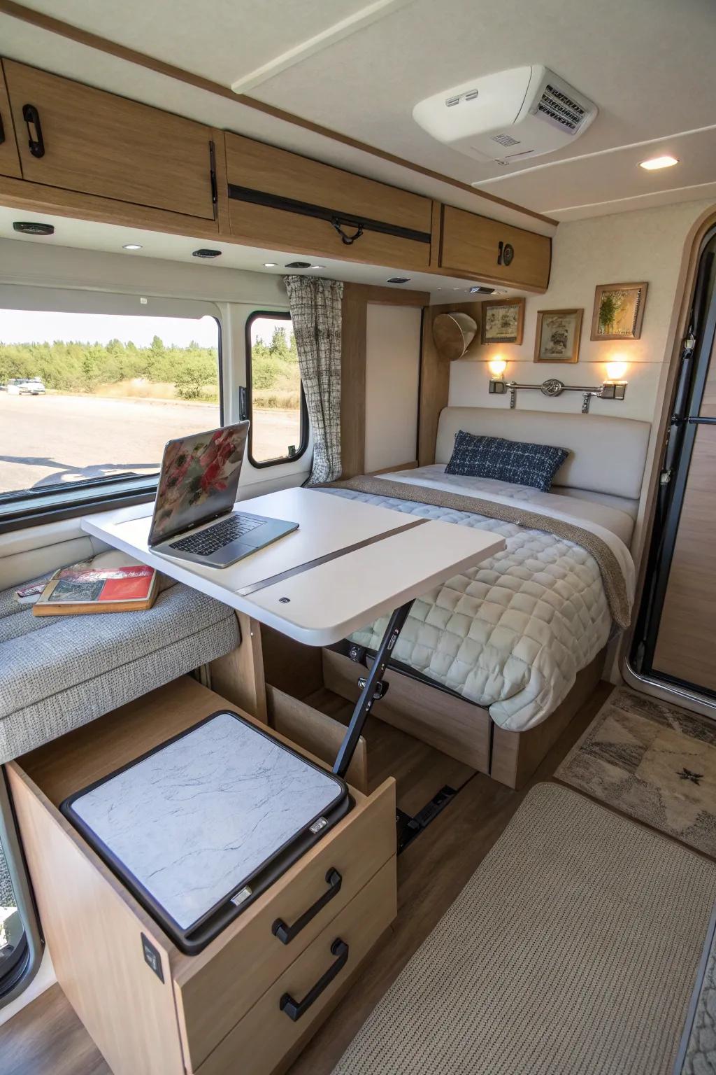 Convertible desks offer workspace without taking up space.