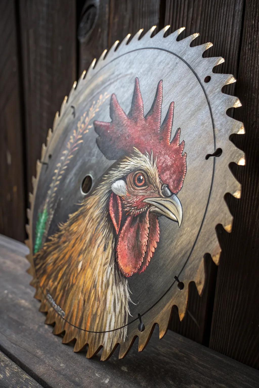 Bring rustic charm into your space with this stunning rooster portrait on a saw blade, a masterpiece of craftsmanship.