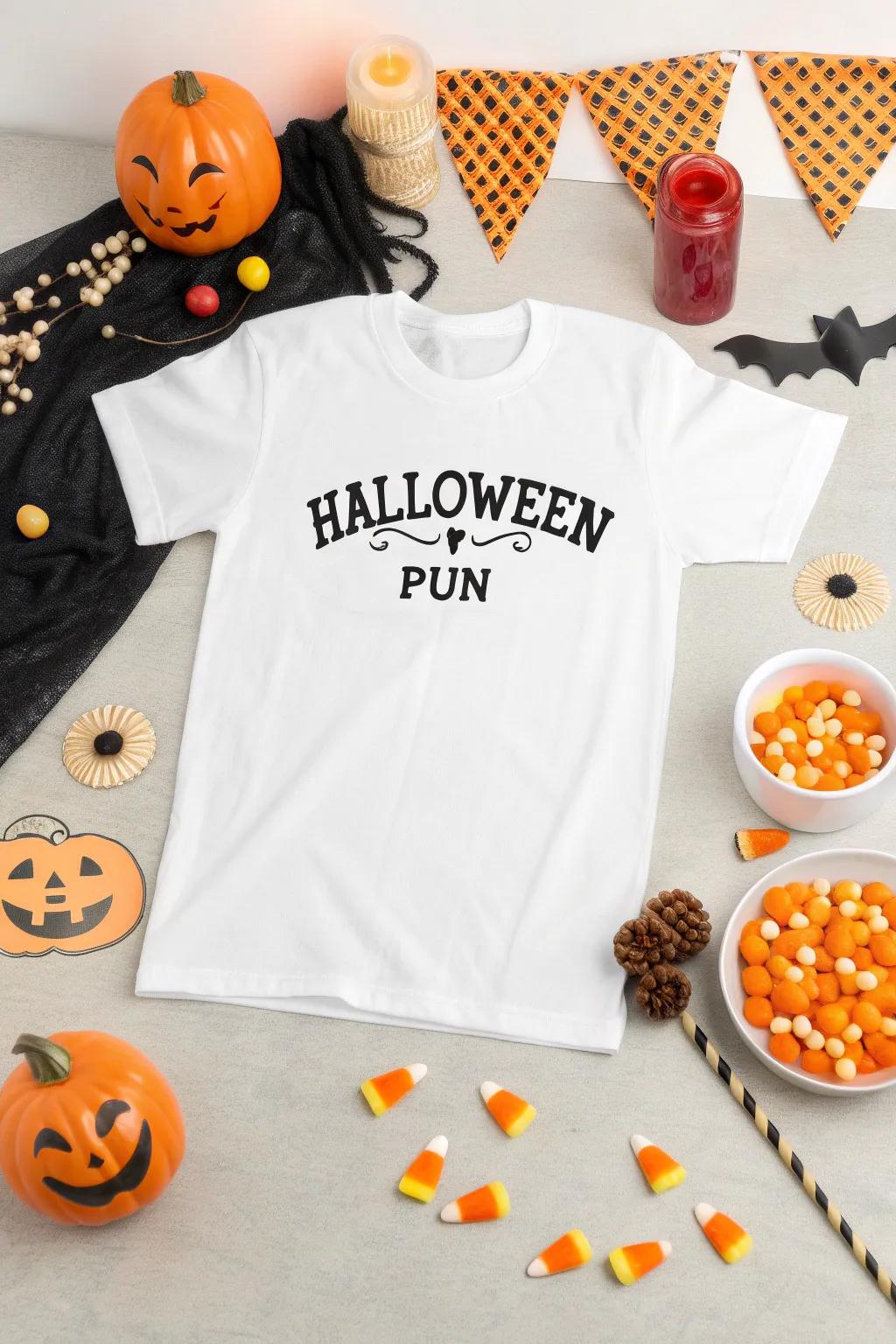 A playful shirt featuring a Halloween pun for a humorous twist on spooky.