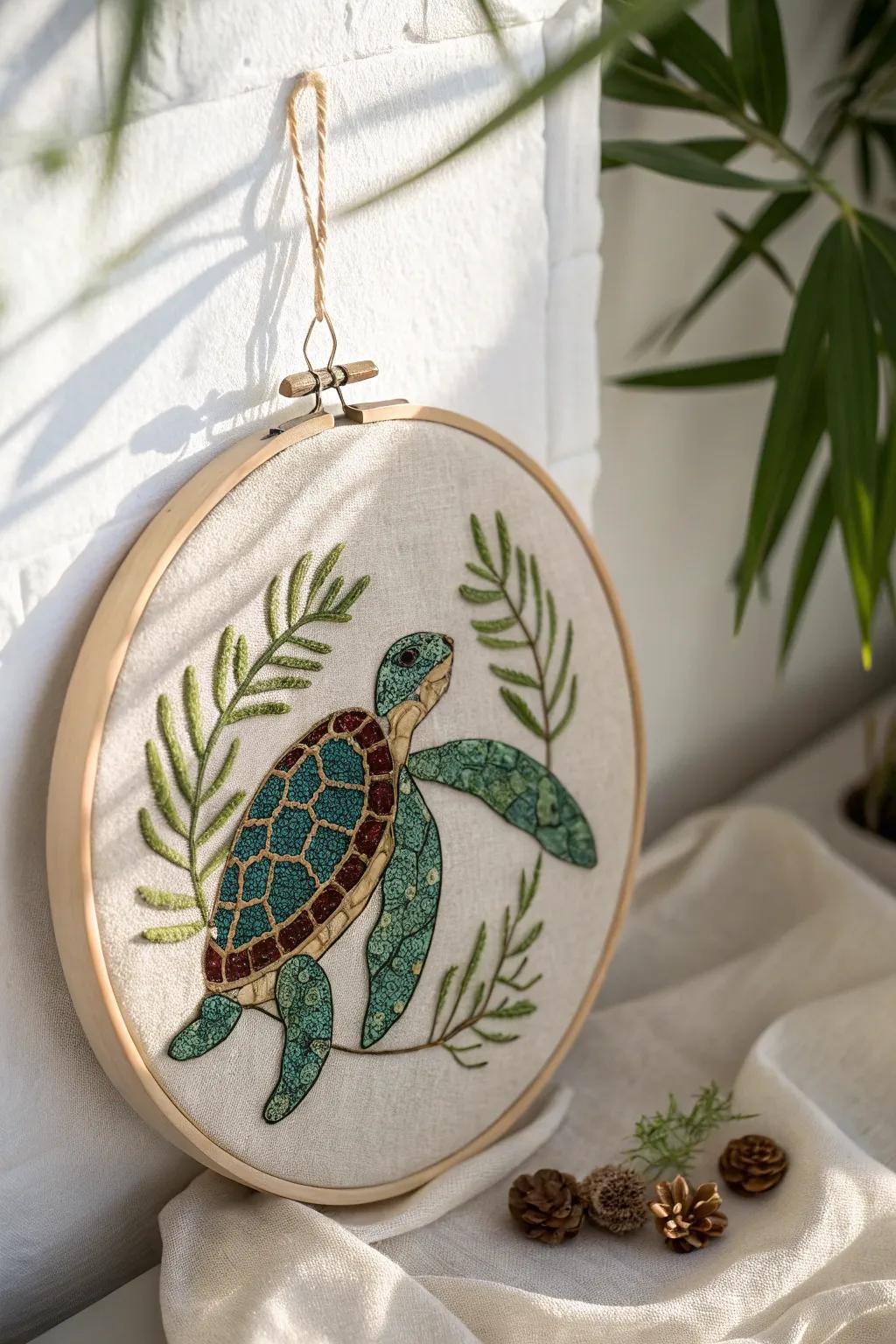 Embrace the art of relaxation with this stunning sea turtle embroidery hoop, where craftsmanship meets natural beauty.