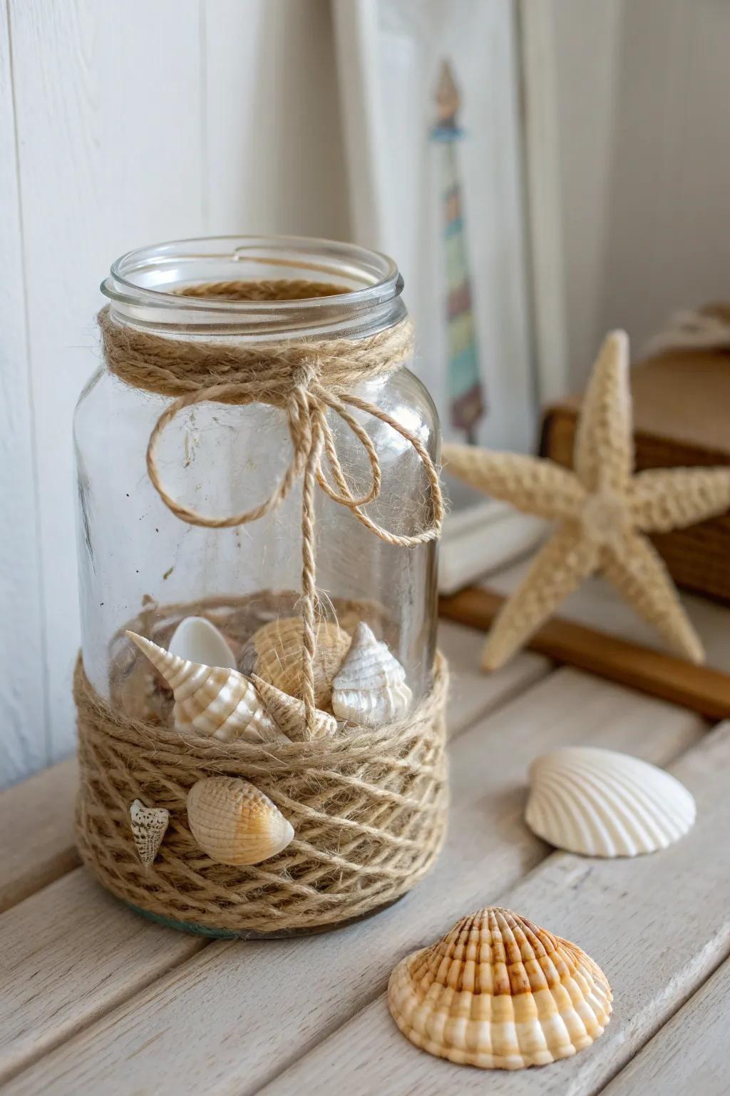 Embrace coastal charm with this rustic seashell and jute jar – a perfect blend of simplicity and natural beauty.
